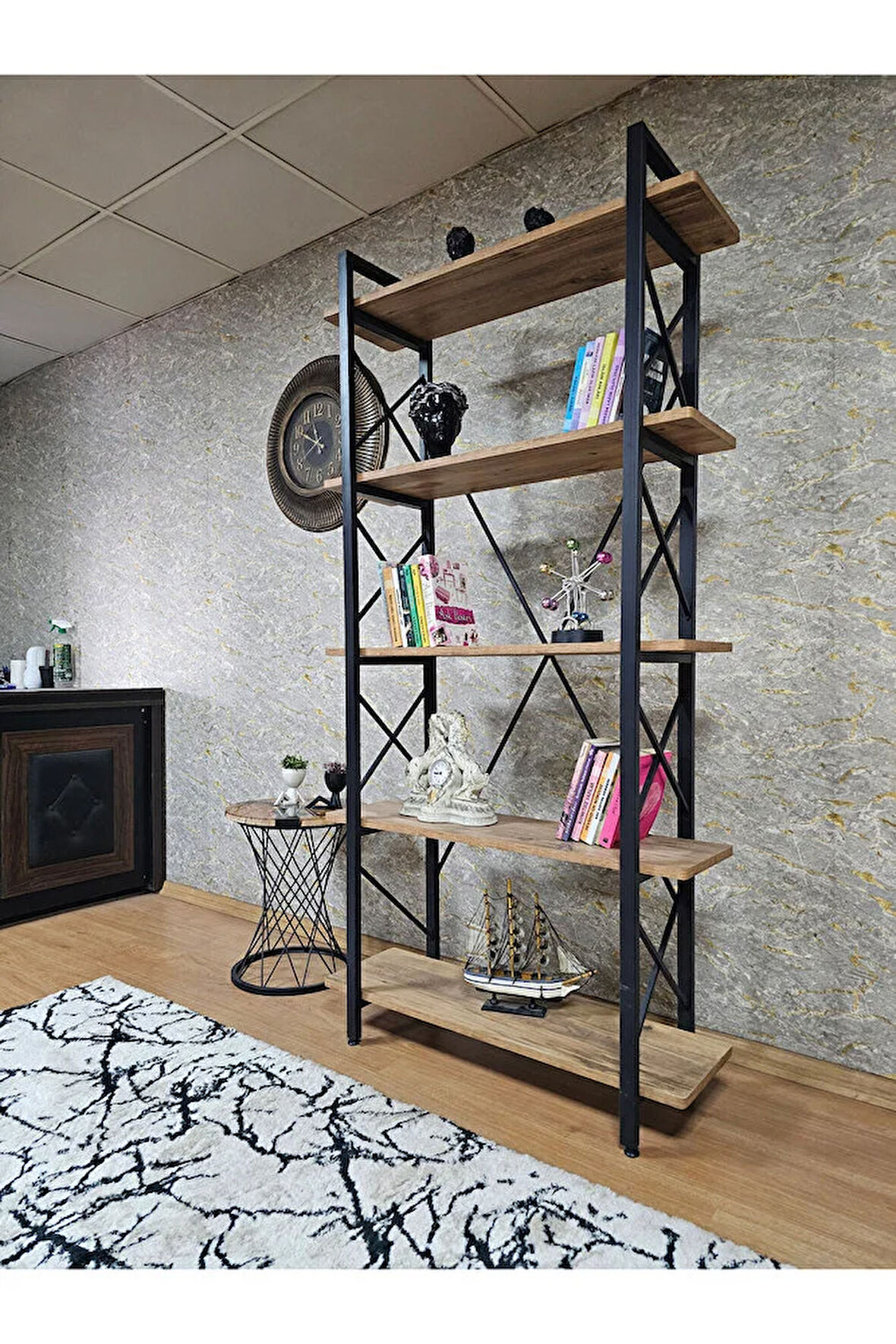 Çıkıntılı Siyah Boyalı Kitaplık - 5 Raflı Suntalem Lüks Kitaplık Atlas Çam