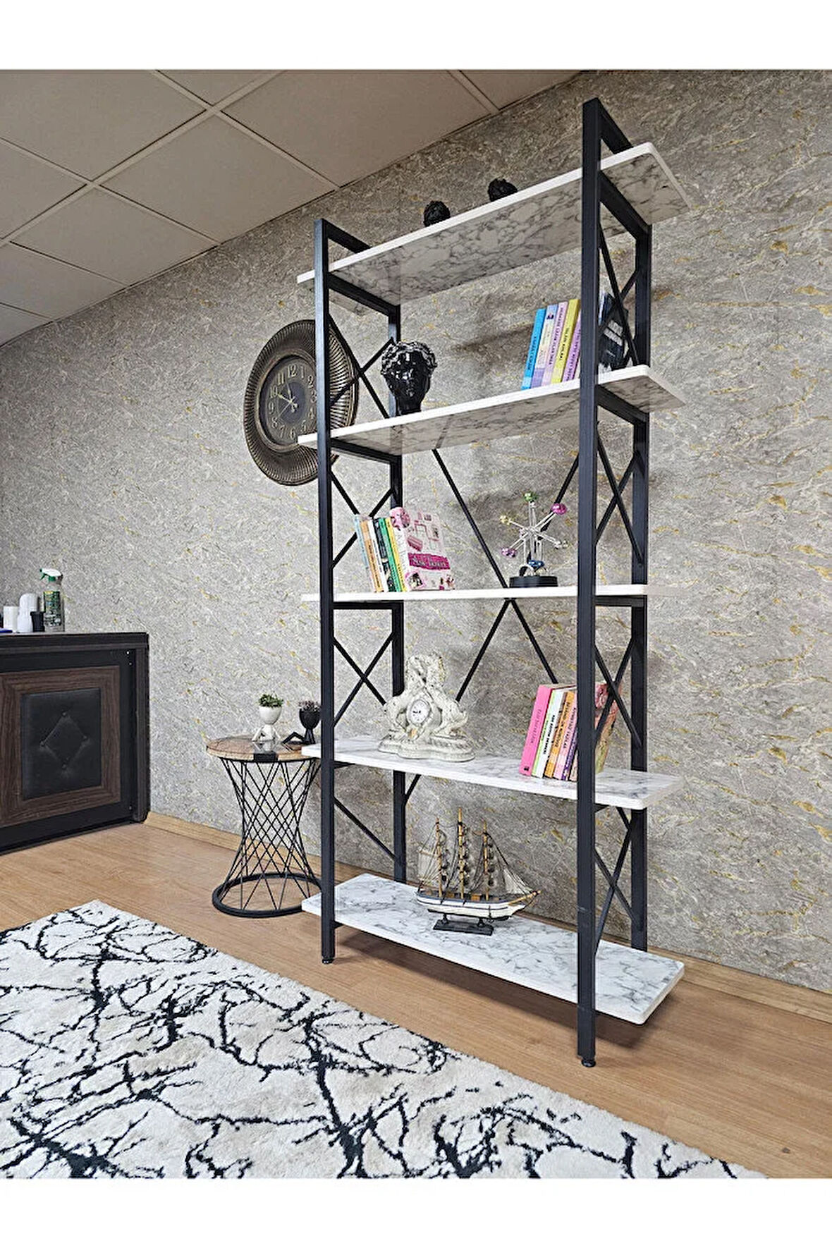 Çıkıntılı Siyah Boyalı Kitaplık - 5 Raflı Suntalem Lüks Kitaplık Beyaz Mermer