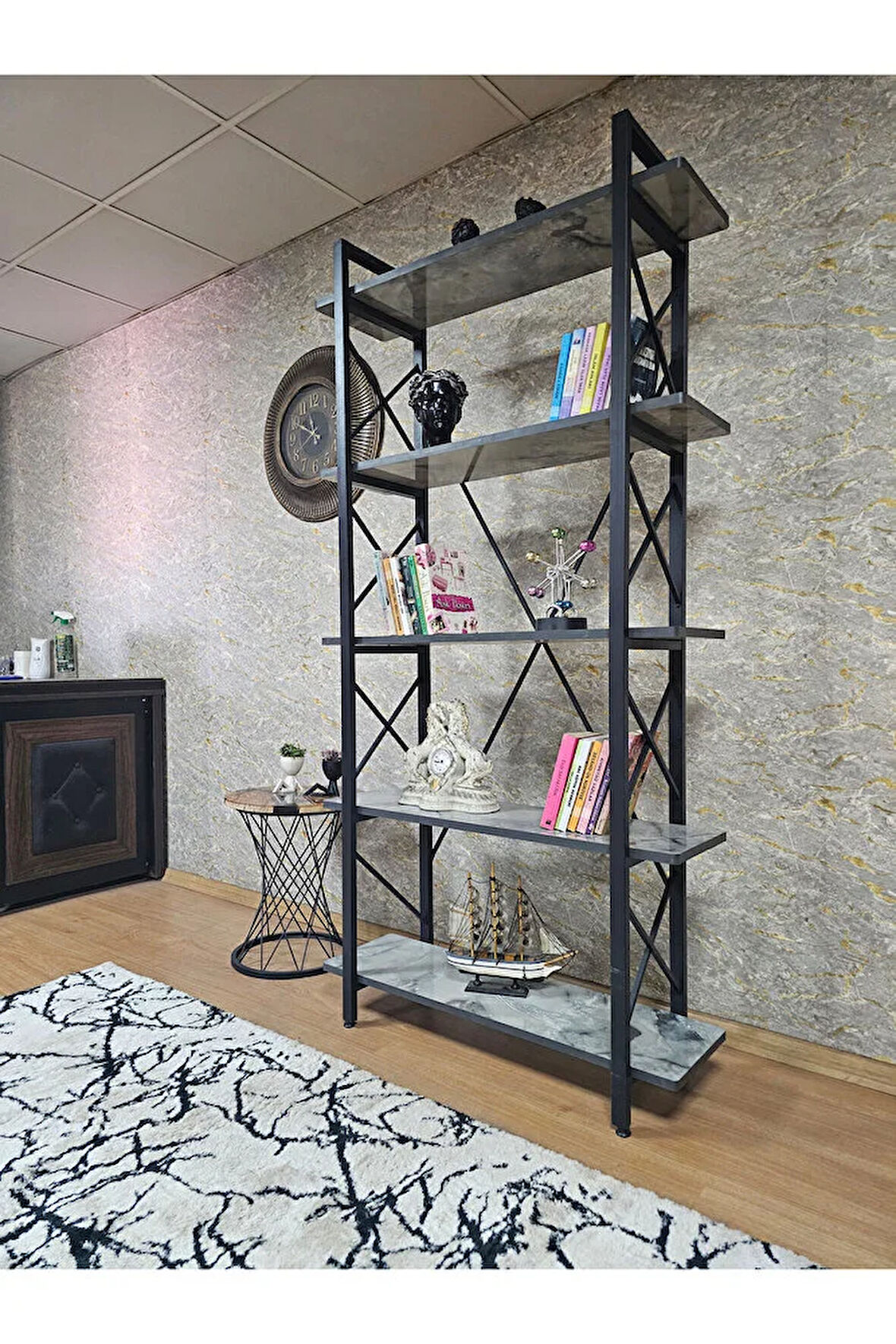 Çıkıntılı Siyah Boyalı Kitaplık - 5 Raflı Suntalem Lüks Kitaplık Marmol