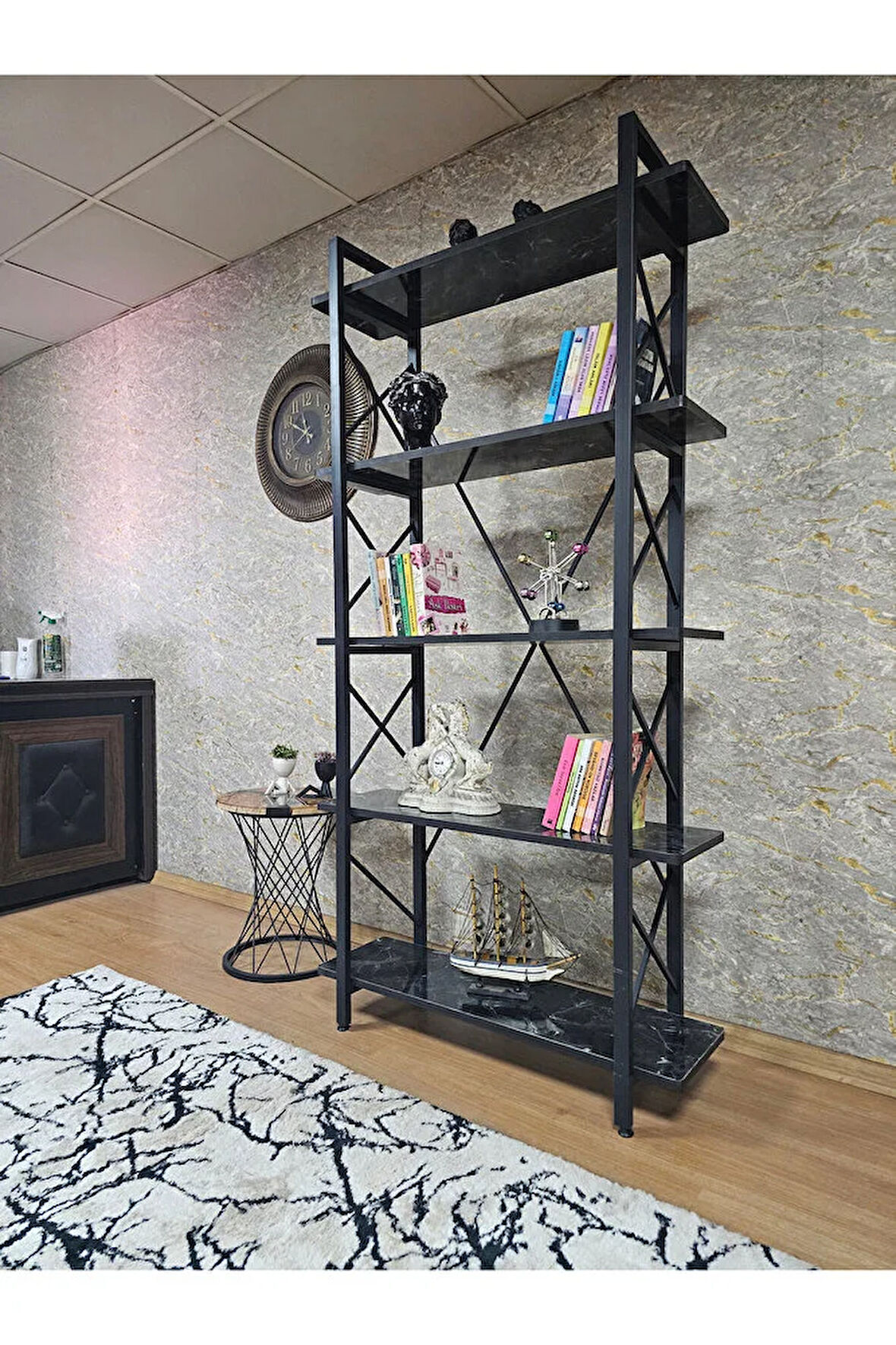 Çıkıntılı Siyah Boyalı Kitaplık - 5 Raflı Suntalem Lüks Kitaplık Siyah Mermer