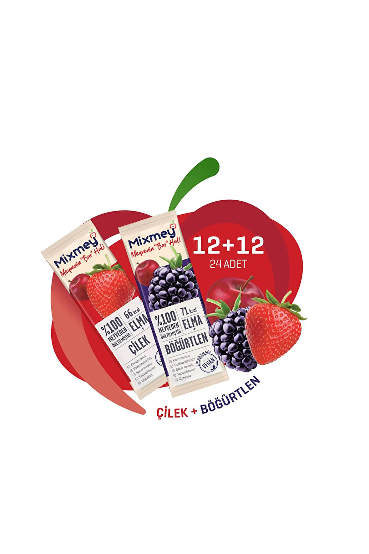 Çilek + Böğürtlen Karma Meyve Bar | Vegan, Doğal ve Glutensiz Sağlıklı Atıştırmalık 20g x 24 Adet