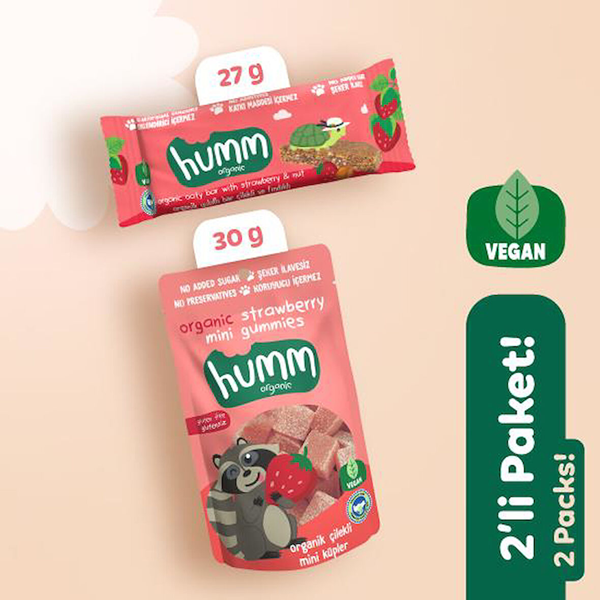 Organik Vegan Çilekli Atıştırmalık Paketi - 2 adet (2 çeşit)