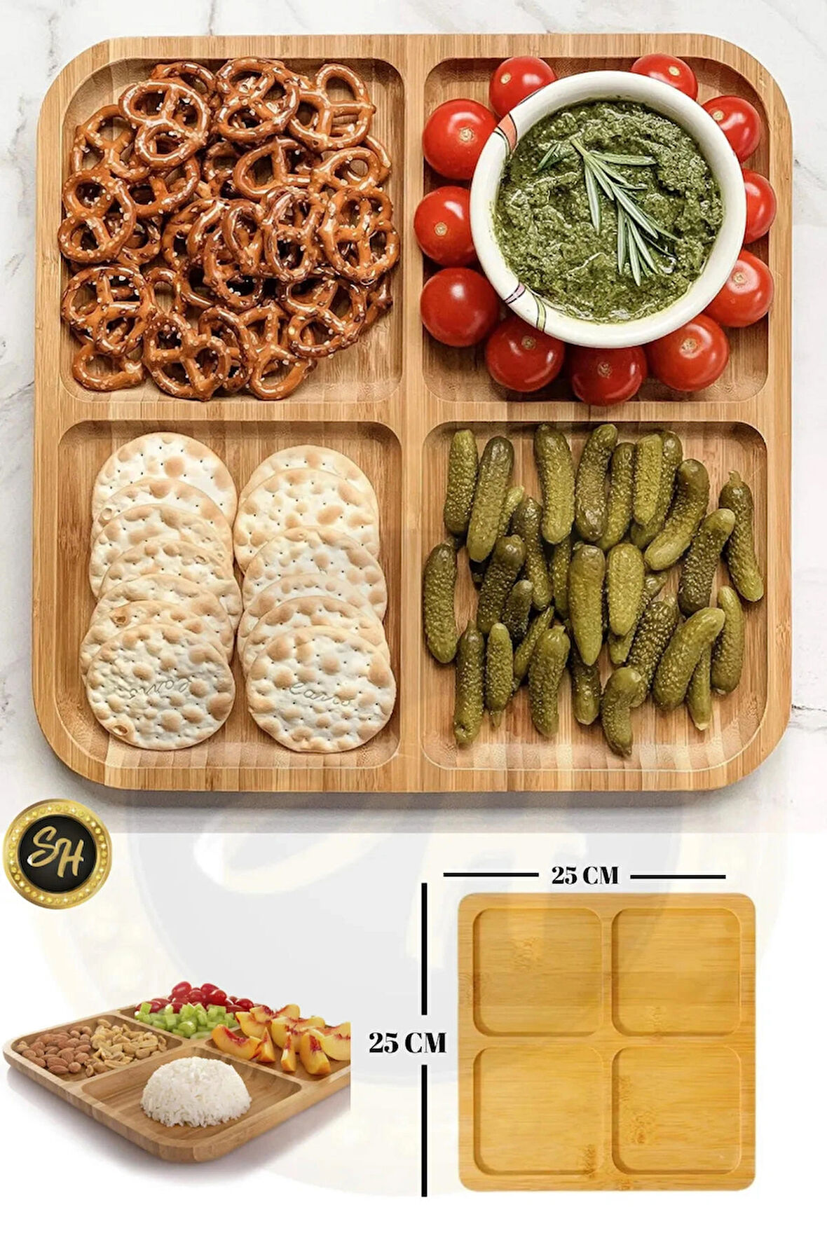 4 Bölmeli Sunum Tabağı Kahvaltılık , Çerezlik, Sunumluk Bambu