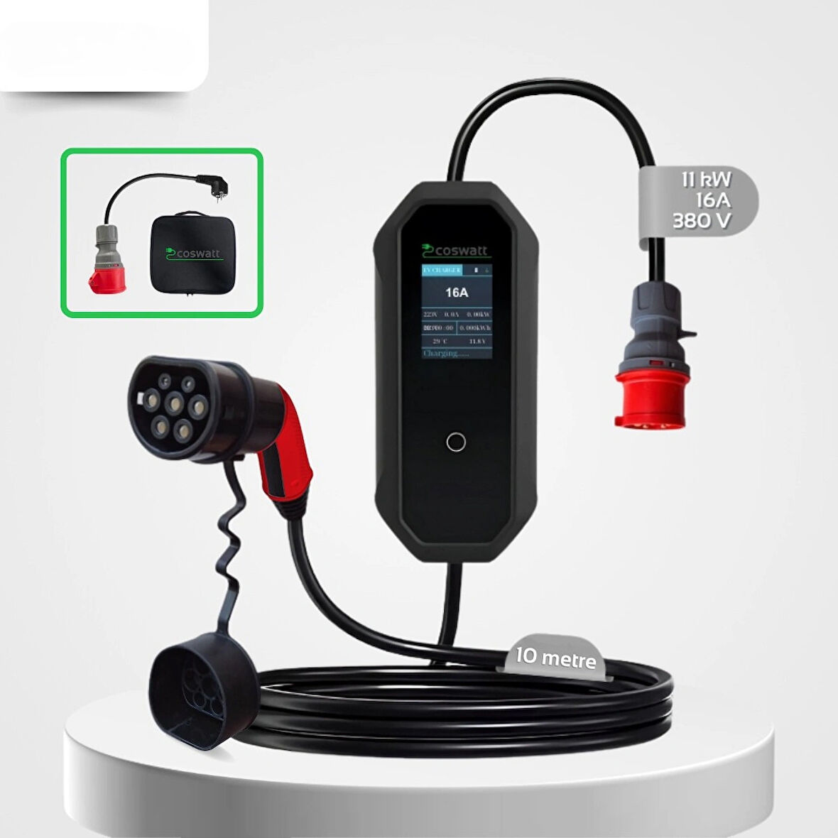 Taşınabilir Şarj Cihazı 11 kW 3P-16A Tip-2 5x16A Fiş 380V AC Ev Tipi Dönüştürücü Kablo ve Taşıma Çantası Hediyeli ( 10 METRE KABLO)