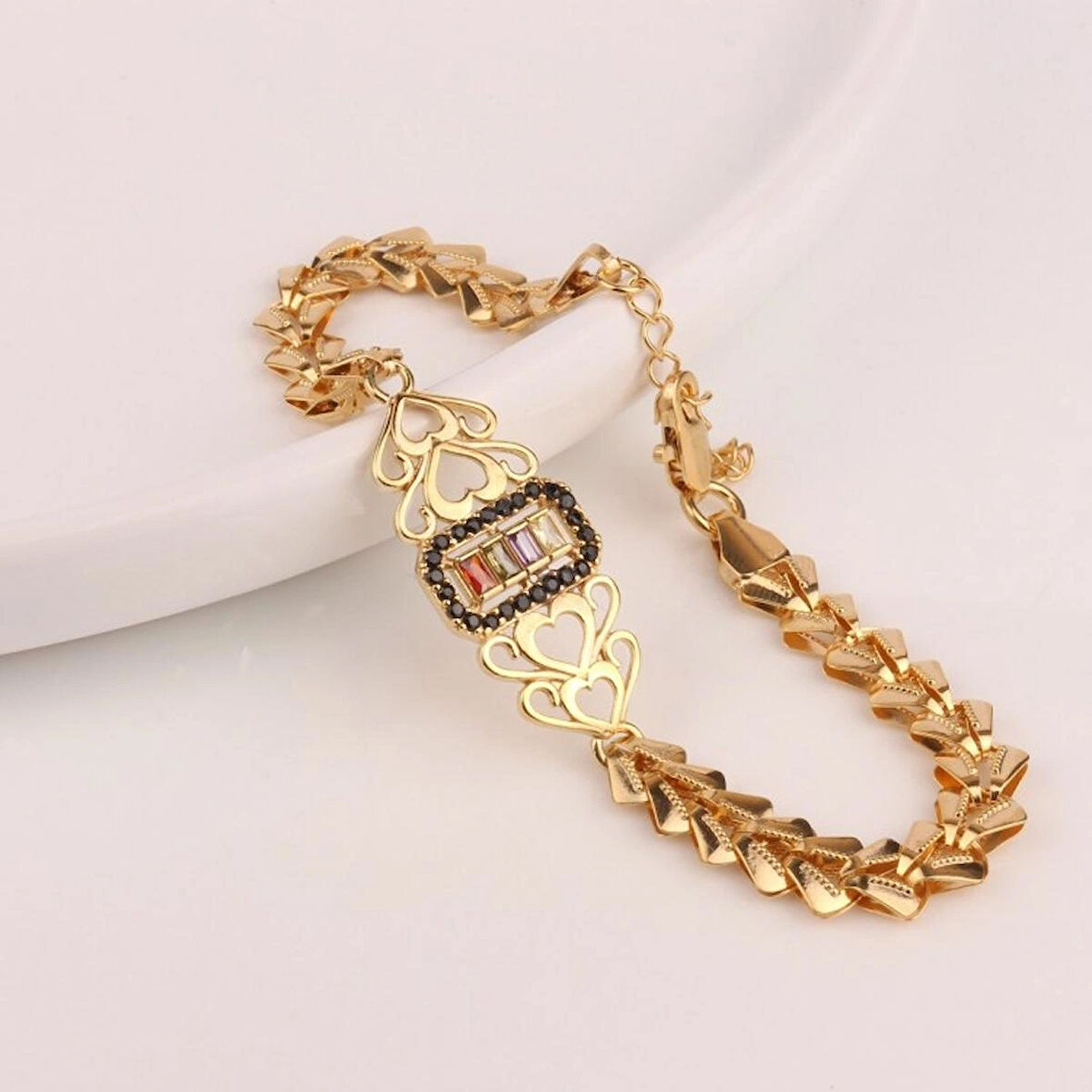 925 AYAR GÜMÜŞ KALP TASARIM GOLD BAŞAK MODEL BİLEKLİK
