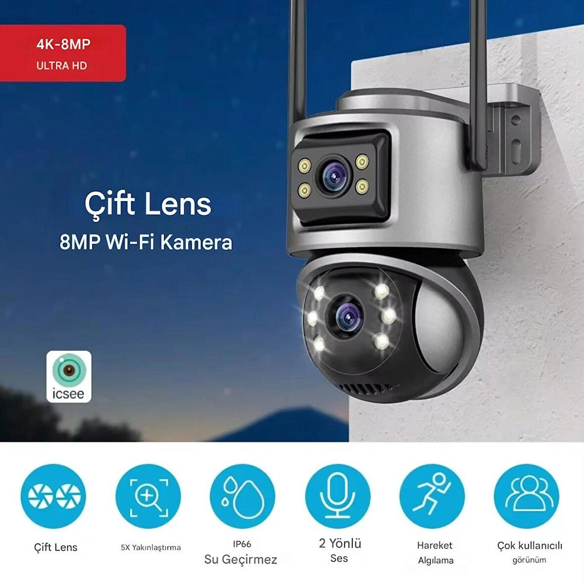 8mp 4k Ultra Hd  Suya Dayanıklı Çift Lensli 2.4g Ip Dış Mekan Güvenlik Kamerası Cmr61