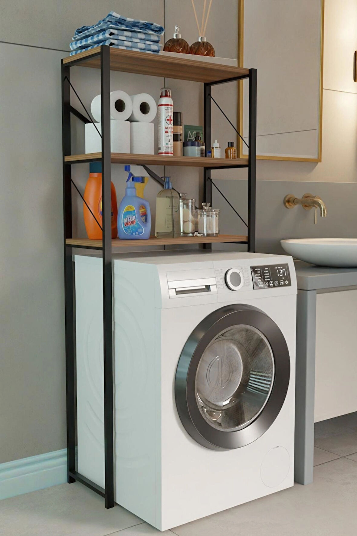 Steel Desing Çamaşır Makinesi Üstü Banyo Rafı – 3 Katlı Metal Gövdeli Düzenleyici, Depolama ve Çok Amaçlı Dolap