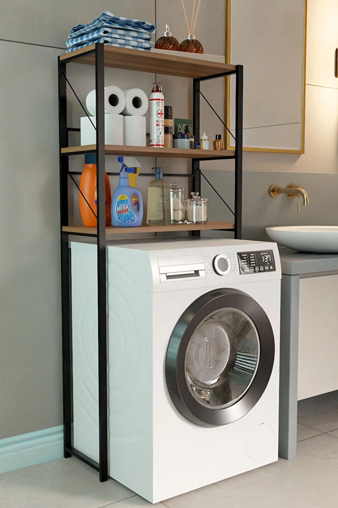Steel Desing Çamaşır Makinesi Üstü Banyo Rafı – 3 Katlı Metal Gövdeli Düzenleyici, Depolama ve Çok Amaçlı Dolap