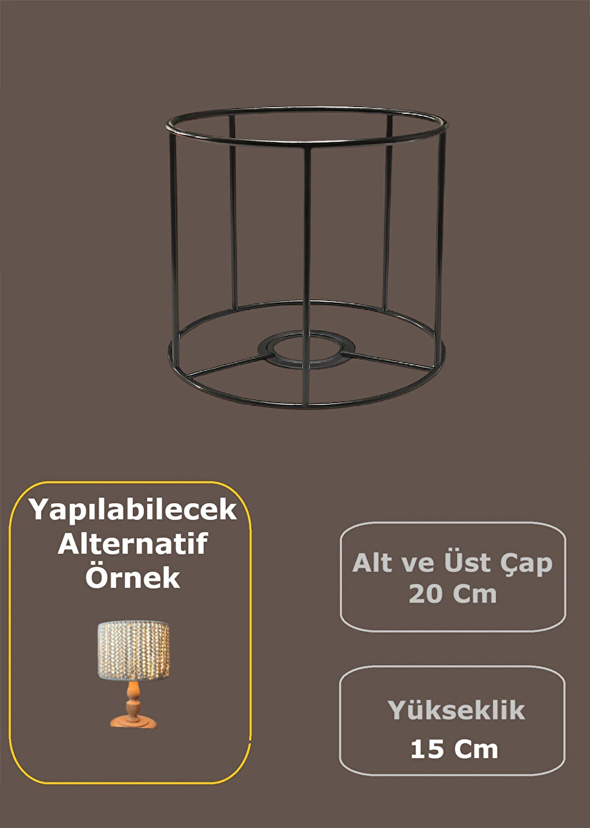 Silindir Abajur, Aplik Teli , İskeleti (Kısa Boy) Siyah Statik Boyalı E27 (20x15 Cm)