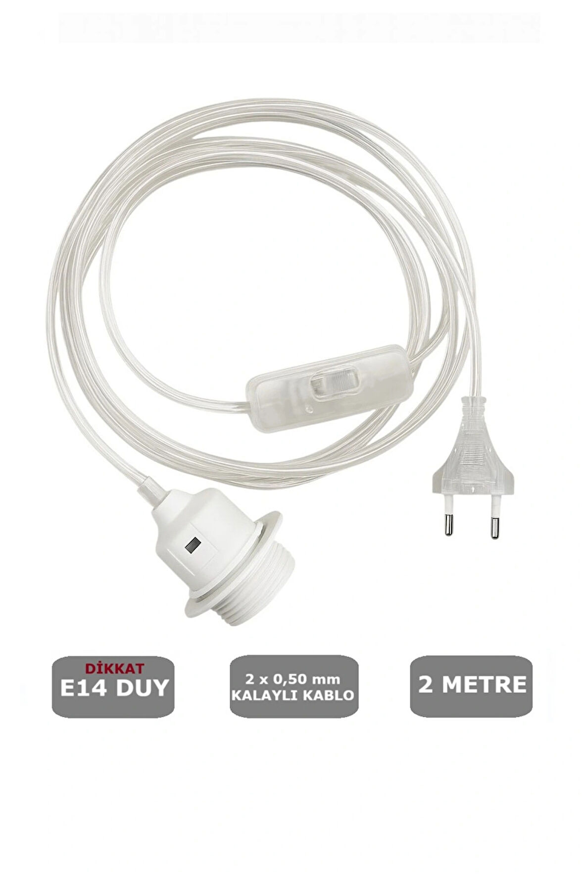2 Metre Arapuarlı (Aç Kapat Anahtar) Fişli Abajur Duyu E14 (2X0,50) (Şeffaf Kablo - Beyaz Duy)