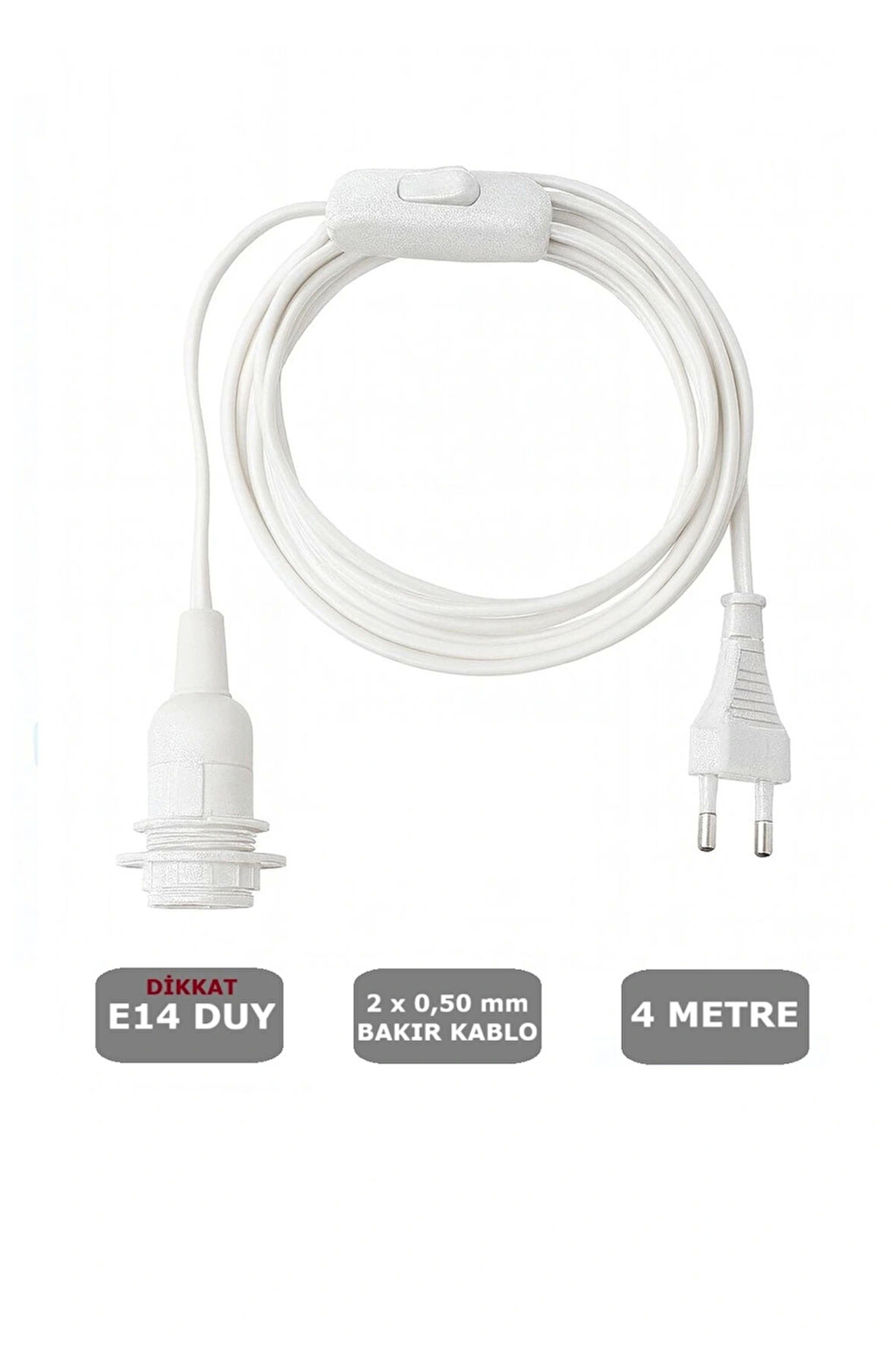 4 Metre Arapuarlı (Aç Kapat Anahtar) Fişli Abajur Lambader Duyu Seyyar E14 (2X0,50) (Beyaz)