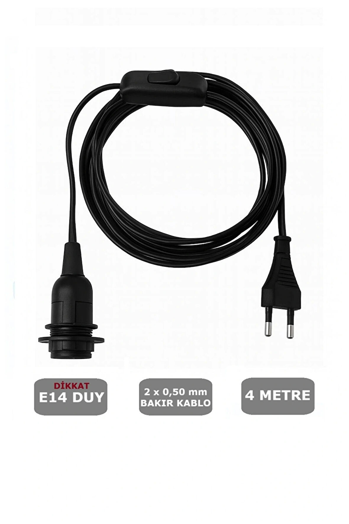 4 Metre Arapuarlı (AÇ KAPAT ANAHTAR) Fişli Abajur Lambader Duyu Seyyar E14 (2X0,50) (SİYAH)
