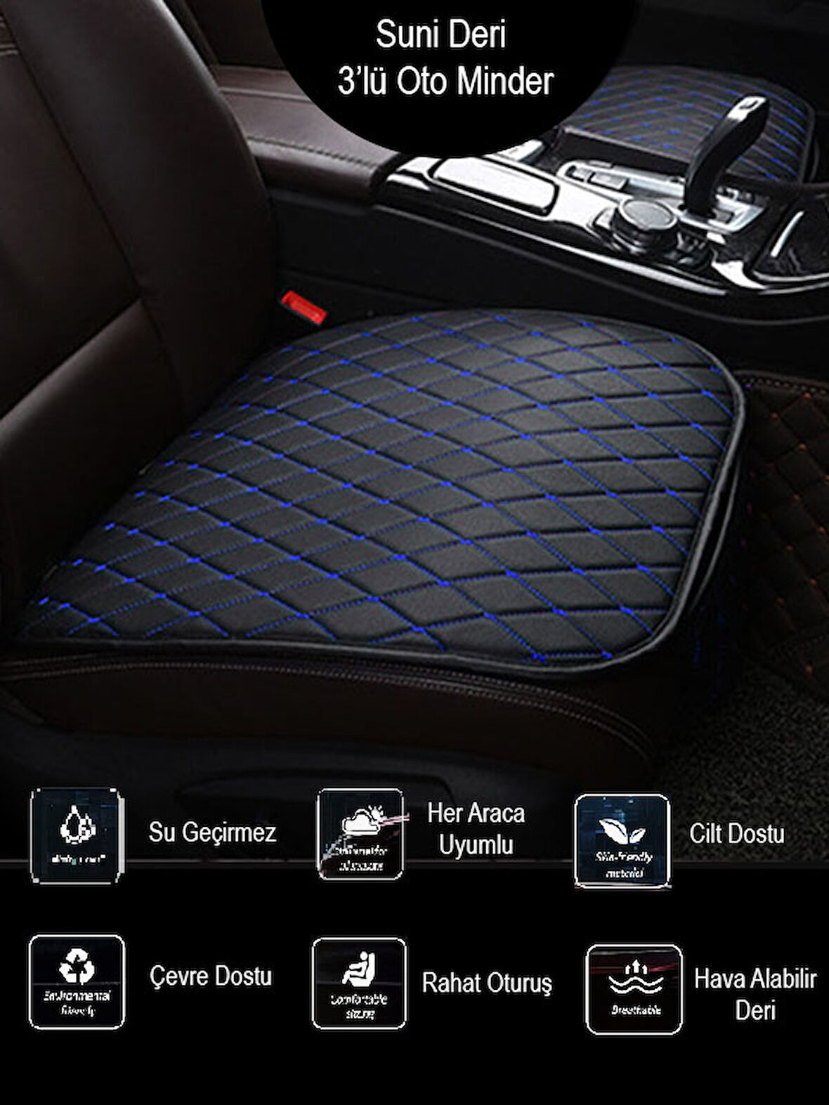 Citroen DS5 Ön ve Arka Takım Koltuk Minderi Kılıf Siyah Suni Deri Mavi Dikişli