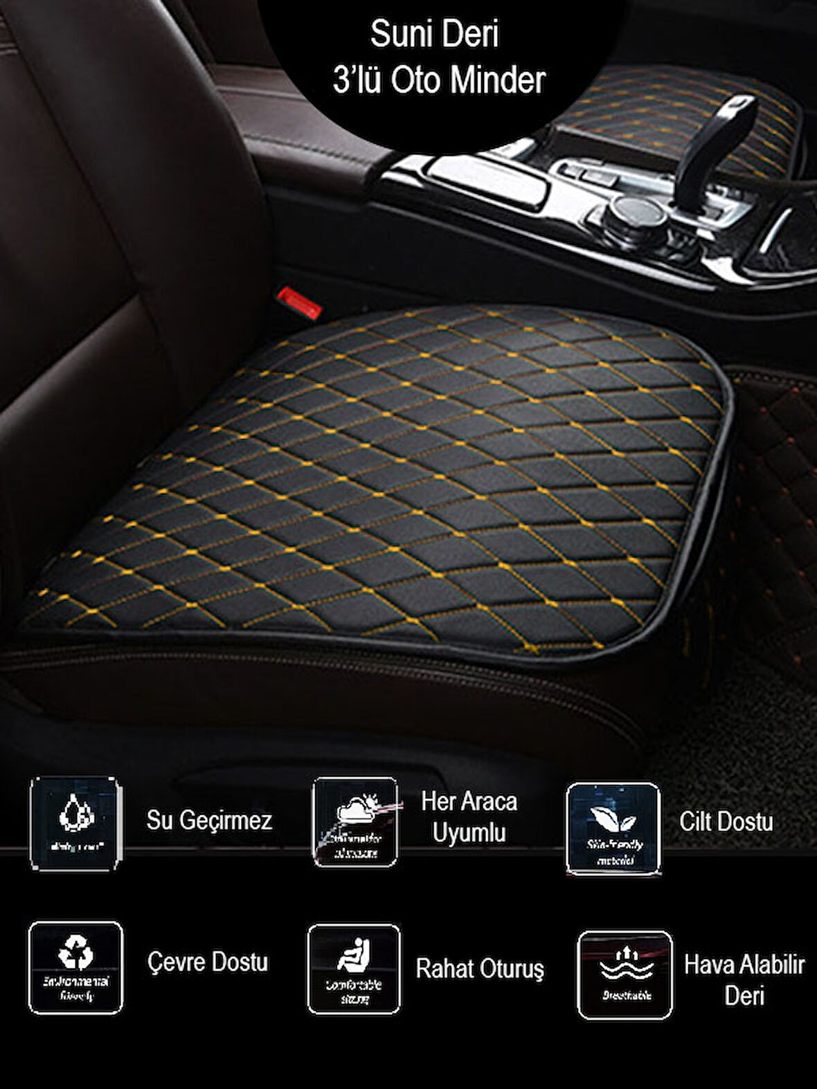 Audi A5 Ön ve Arka Takım Koltuk Minderi Kılıf Siyah Suni Deri Sarı Dikişli