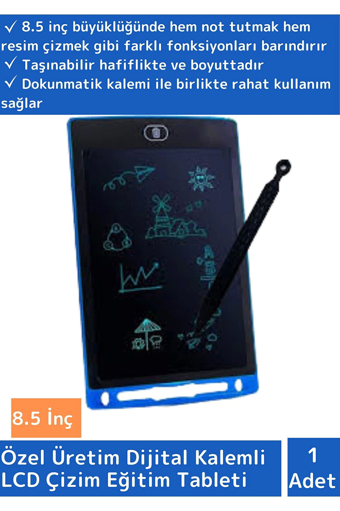 Özel Üretim Dijital Kalemli Çocuk Eğitim Tableti Grafik Ders Not Ödev Resim LCD Writing Tablet Mavi