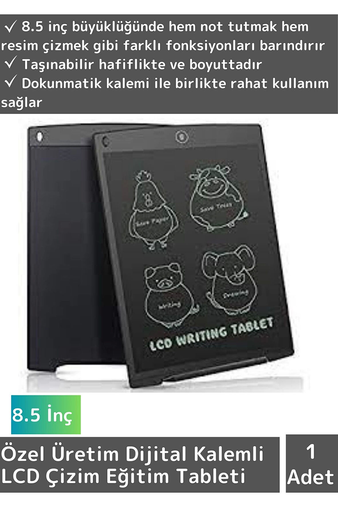 Özel Üretim Dijital Kalemli Çocuk Eğitim Tableti Grafik Ders Not Ödev Resim LCD Writing Tablet Siyah