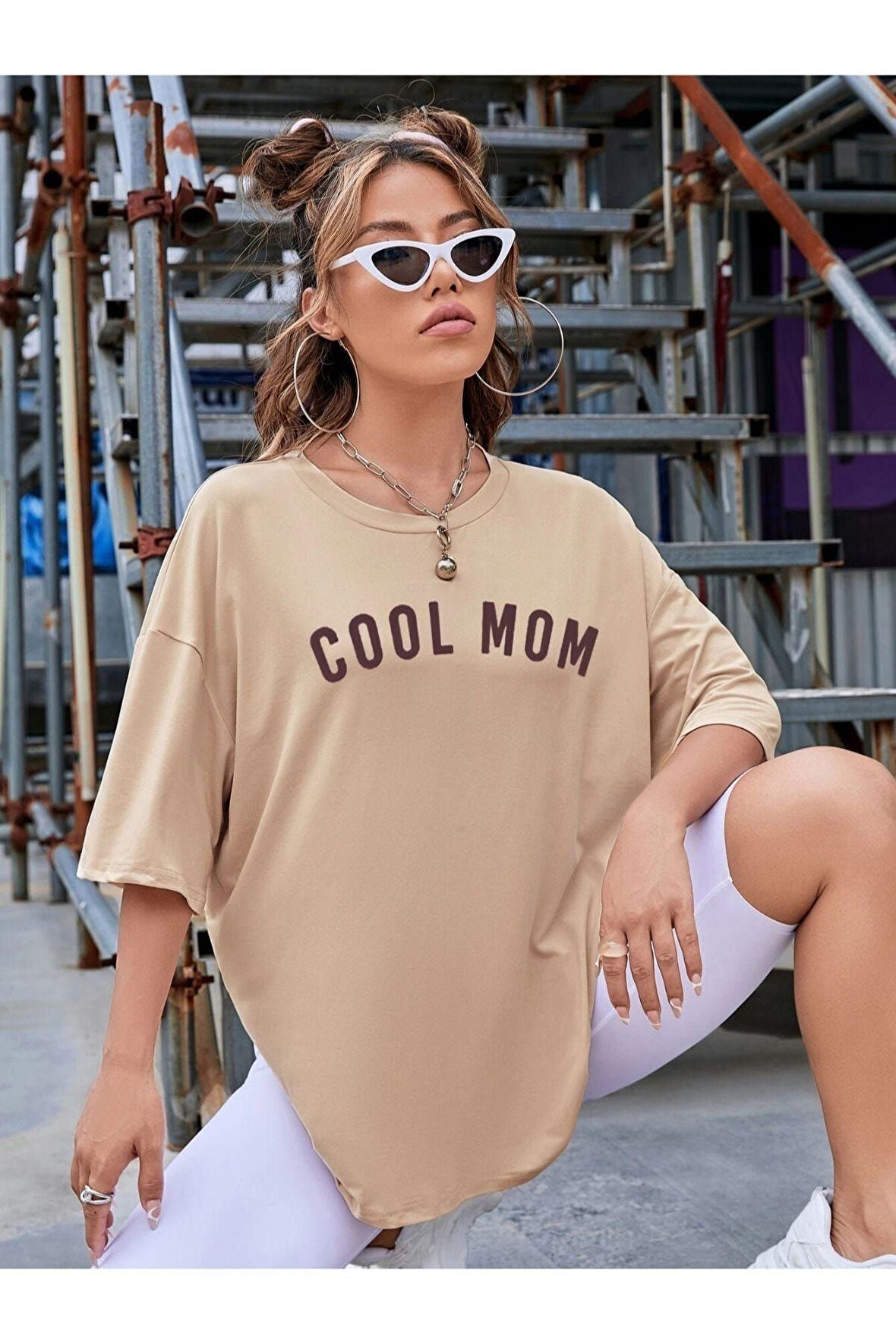 Kadın Cool Mom Baskılı Oversize Bisiklet Yaka T-shirt
