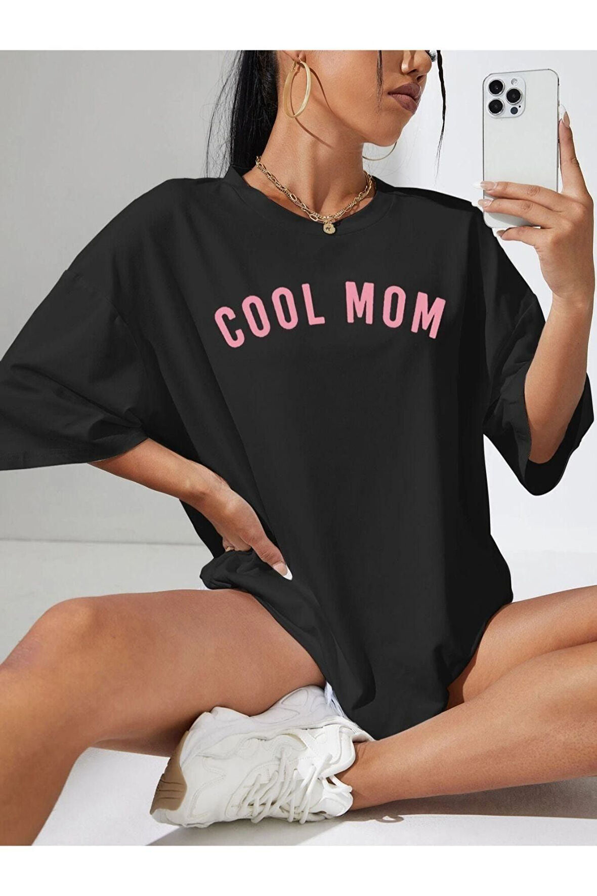 Kadın Cool Mom Baskılı Oversize Bisiklet Yaka T-shirt