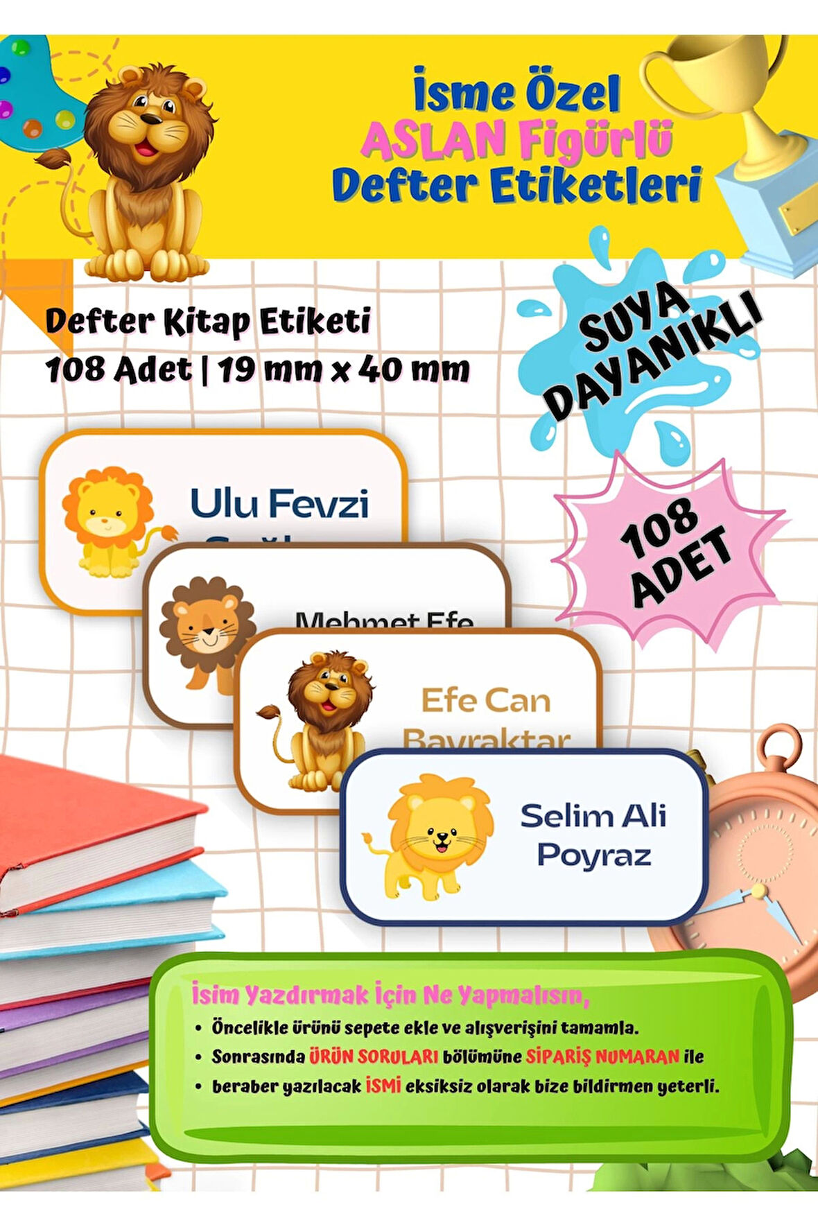 Aslan Figürlü Etiketi Defter Etiketi Kitap Etiketi Kişiye Özel Suya Dayanıklı İsim Yazılabilien