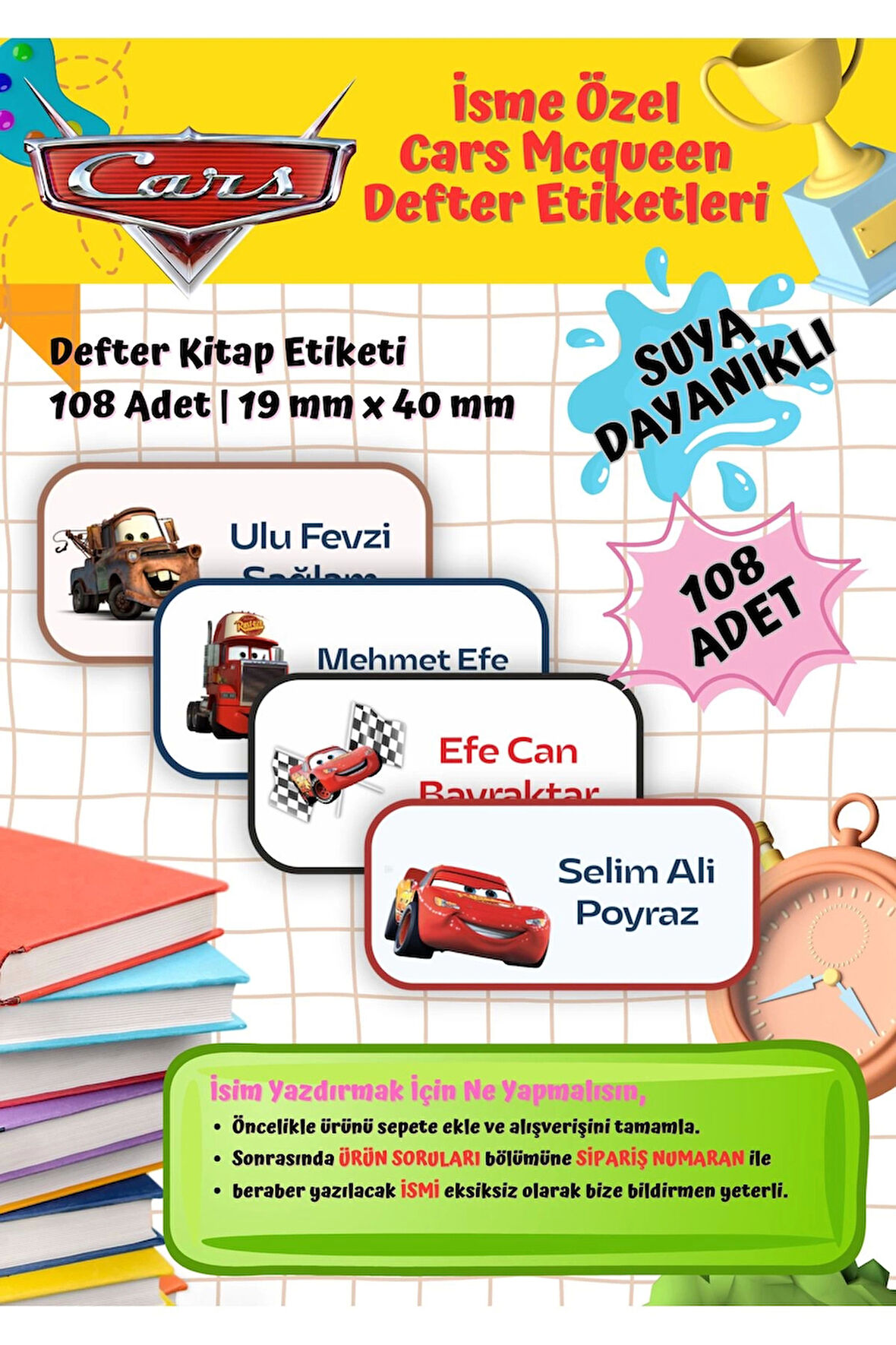 Cars Mcqueen Etiketi Defter Etiketi Kitap Etiketi Kişiye Özel Suya Dayanıklı İsim Yazılabilien