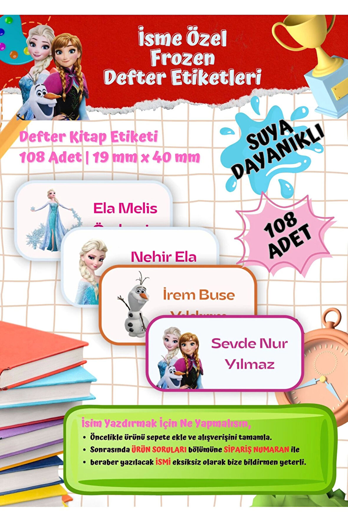 Elsa Frozen Okul Etiketi Defter Etiketi Kitap Etiketi Kişiye Özel Suya Dayanıklı İsim Yazılabilien