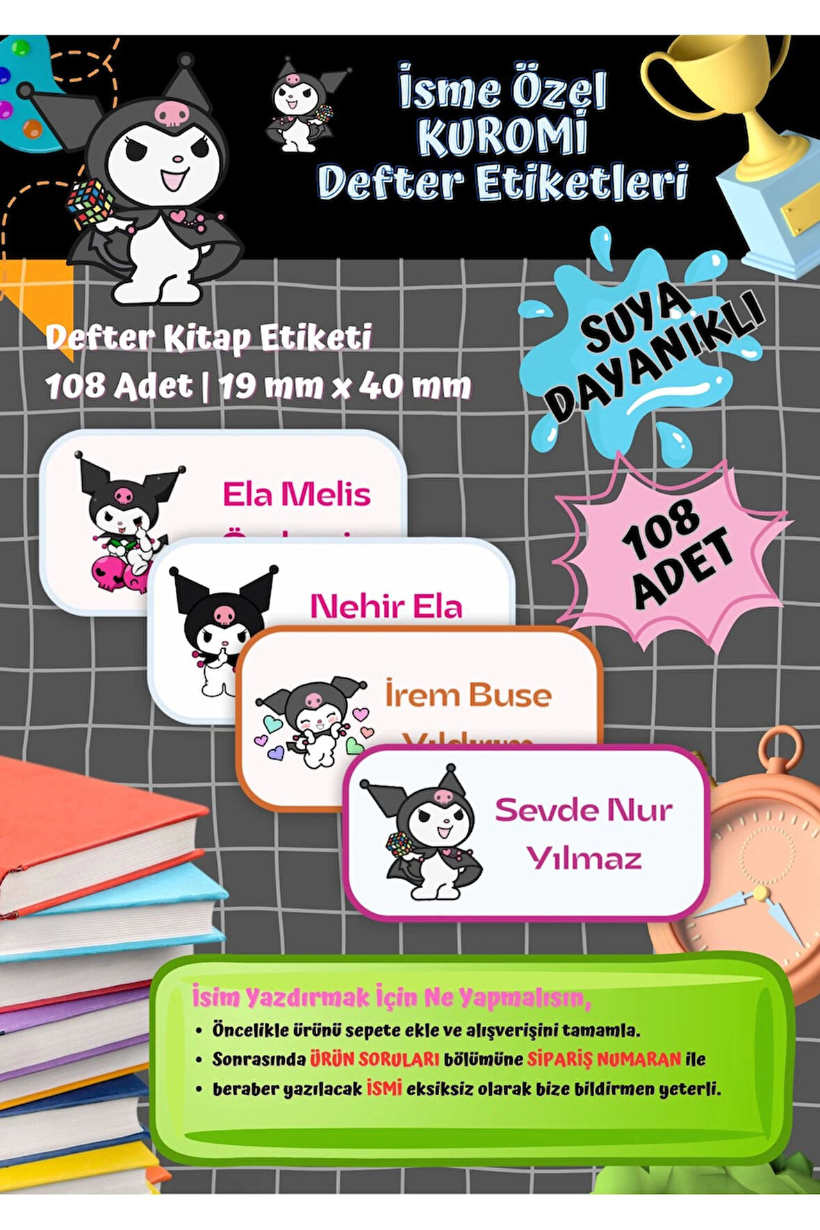 Kuromi Sanrio Etiketi Defter Etiketi Kitap Etiketi Kişiye Özel Suya Dayanıklı İsim Yazılabilien