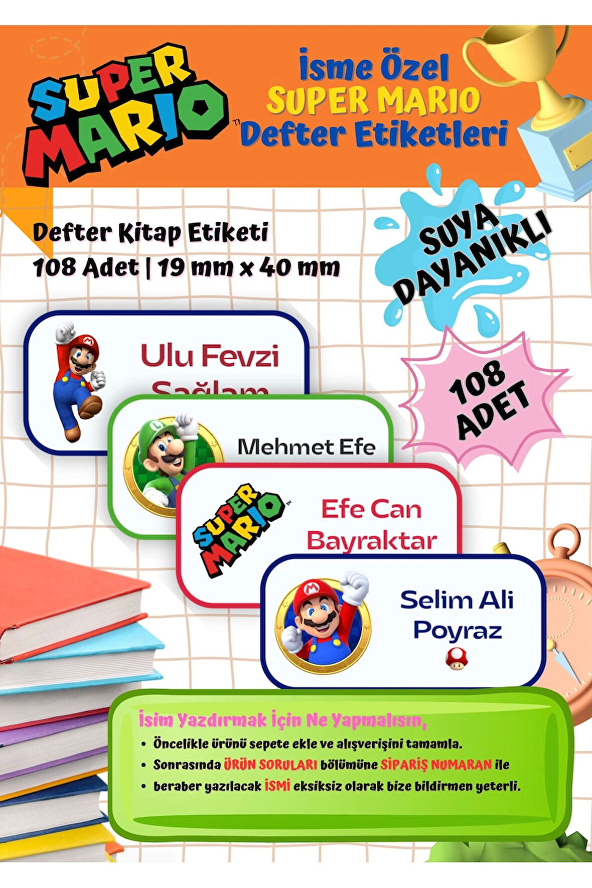 Süper Mario Etiketi Defter Etiketi Kitap Etiketi Kişiye Özel Suya Dayanıklı İsim Yazılabilien