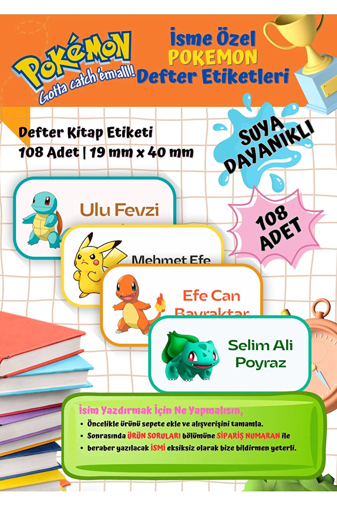 Pokemon Pikachu Etiketi Defter Etiketi Kitap Etiketi Kişiye Özel Suya Dayanıklı İsim Yazılabilien