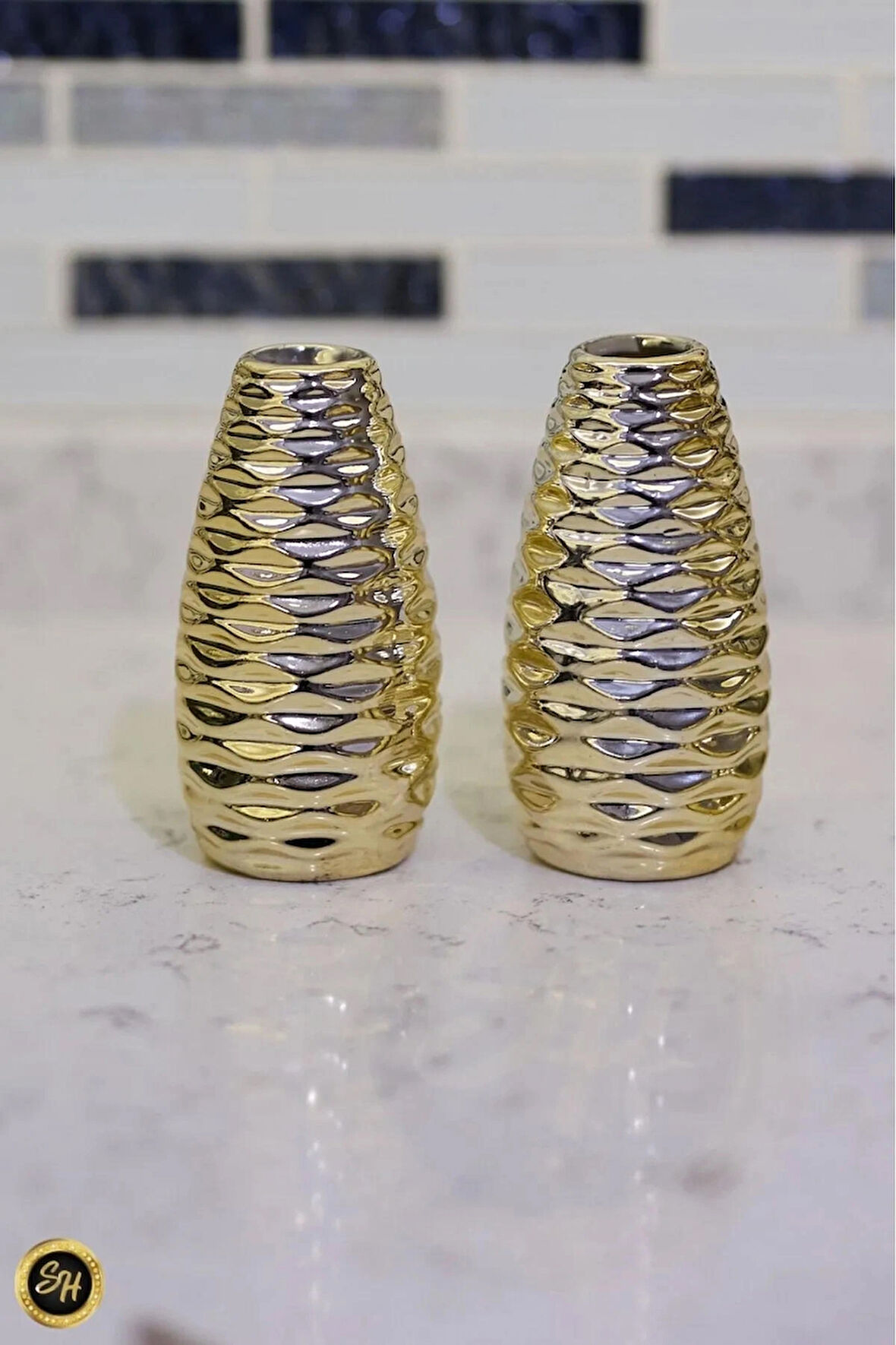 1-adet Yan Desenli Vazo Gold Biblo Dekoratif Sunumluk Dekor
