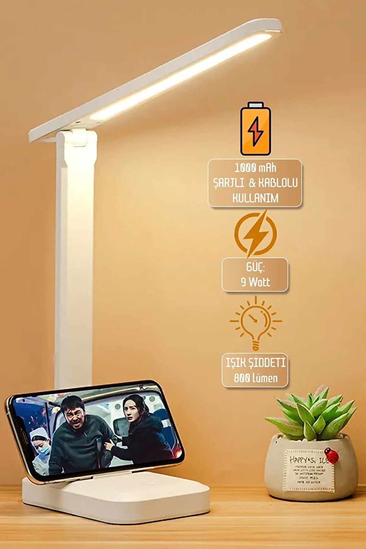 Şarjlı Masa Lambası 3 Renk Dokunmatik Telefon Standlı Kademeli Çalışma Okuma Işığı Gece Lambası 9w