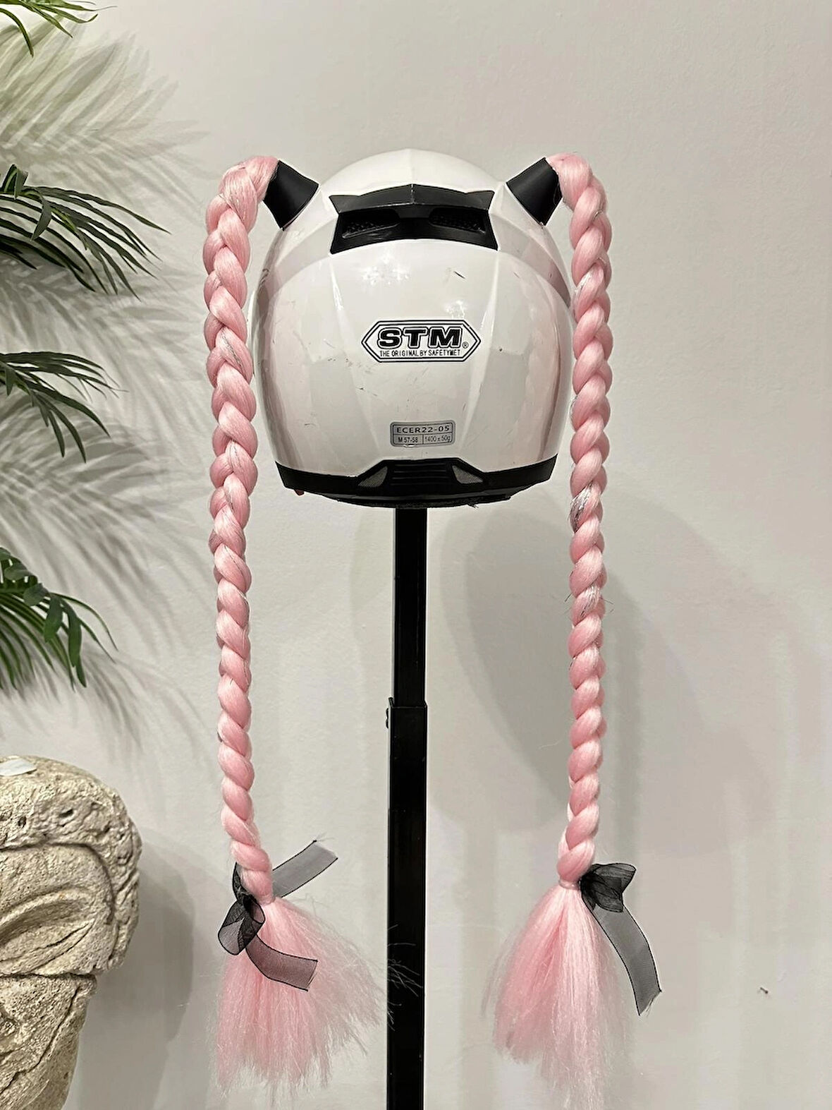 Motor & Motosiklet Pembe Simli Çift Örgü Saç Kask Dış Aksesuarı