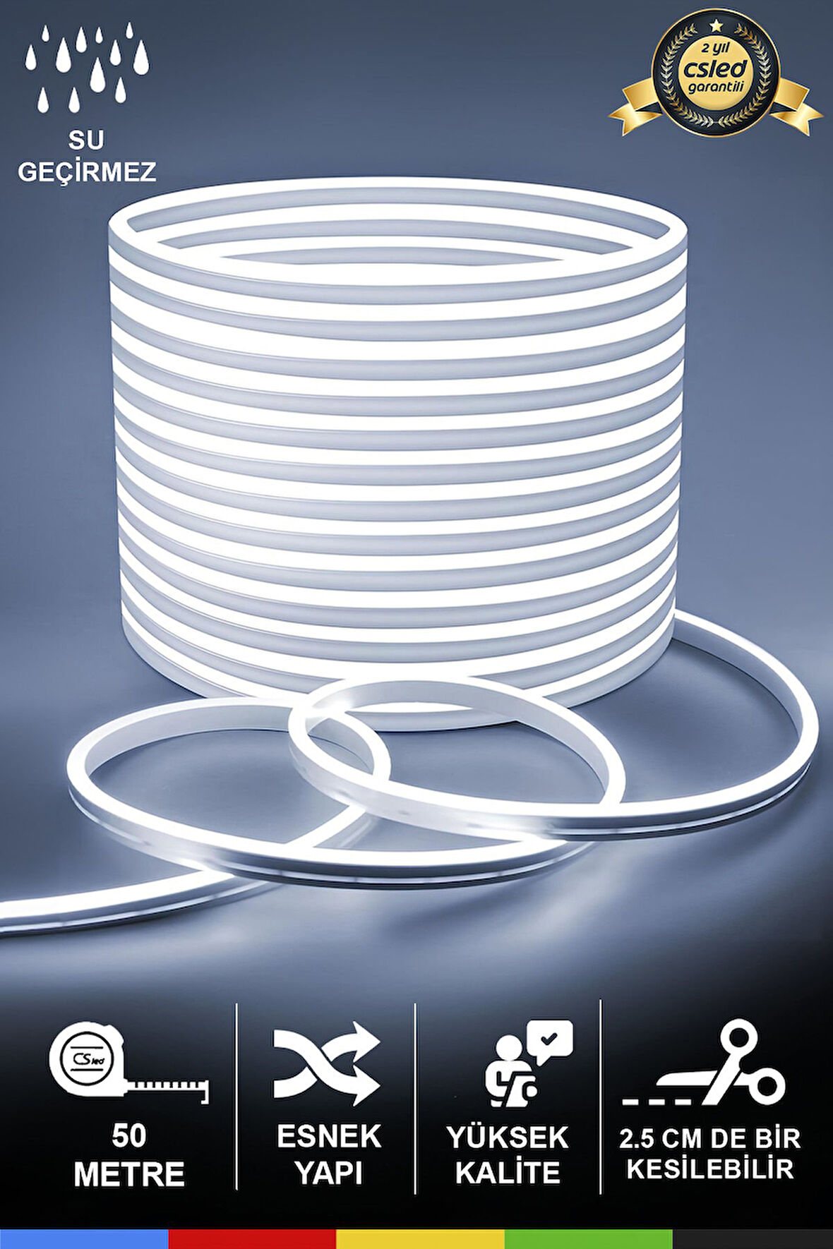 12V İç ve Dış Mekan Beyaz Neon LED Şerit – 50 Metre Esnek Silikon Neon  (2.5 Cm’de Bir Kesilebilir)