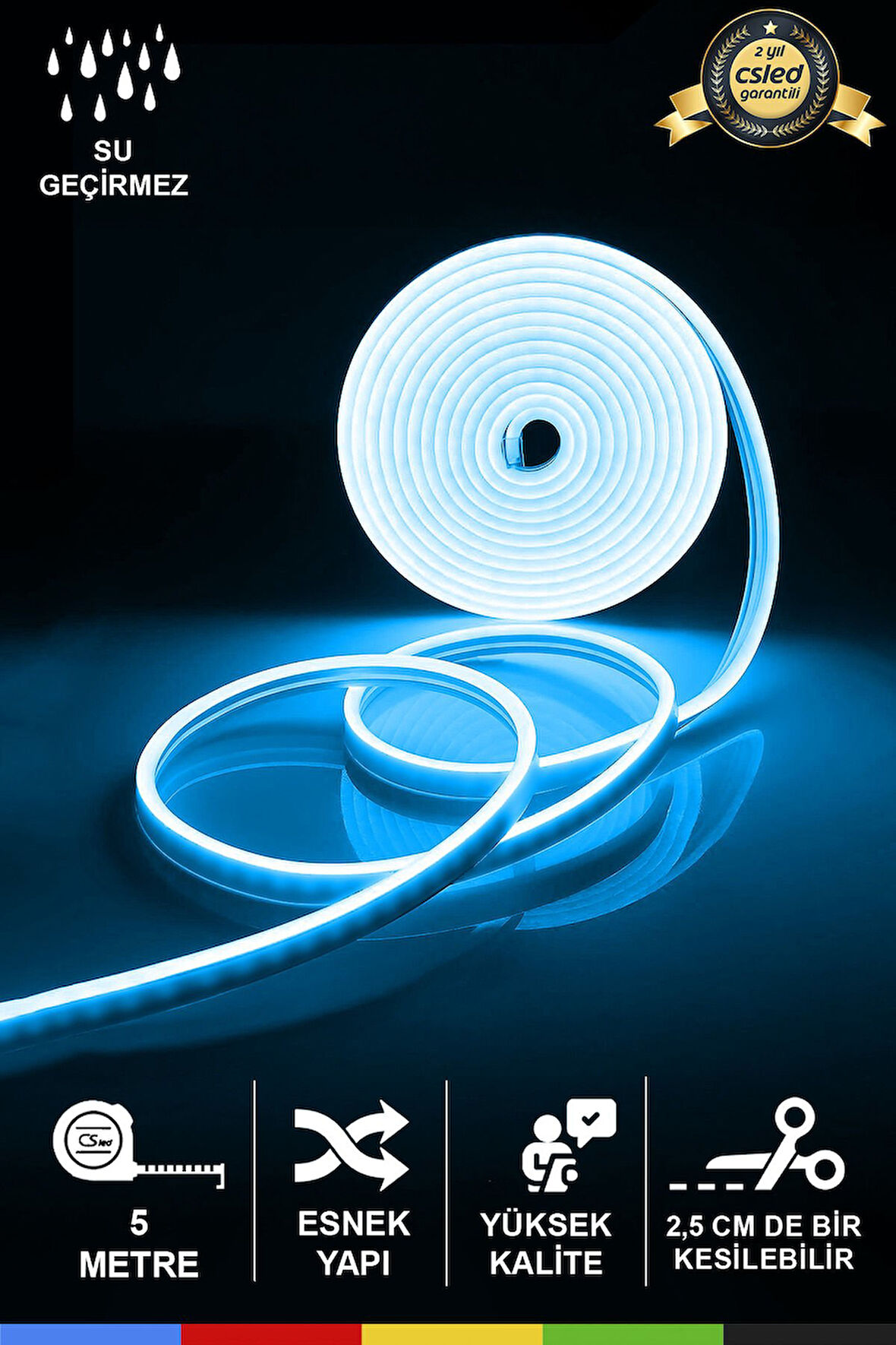 12V İç ve Dış Mekan Buz Mavisi Neon LED Şerit – 5 Metre Esnek Silikon Neon  (2.5 Cm’de Bir Kesilebilir)