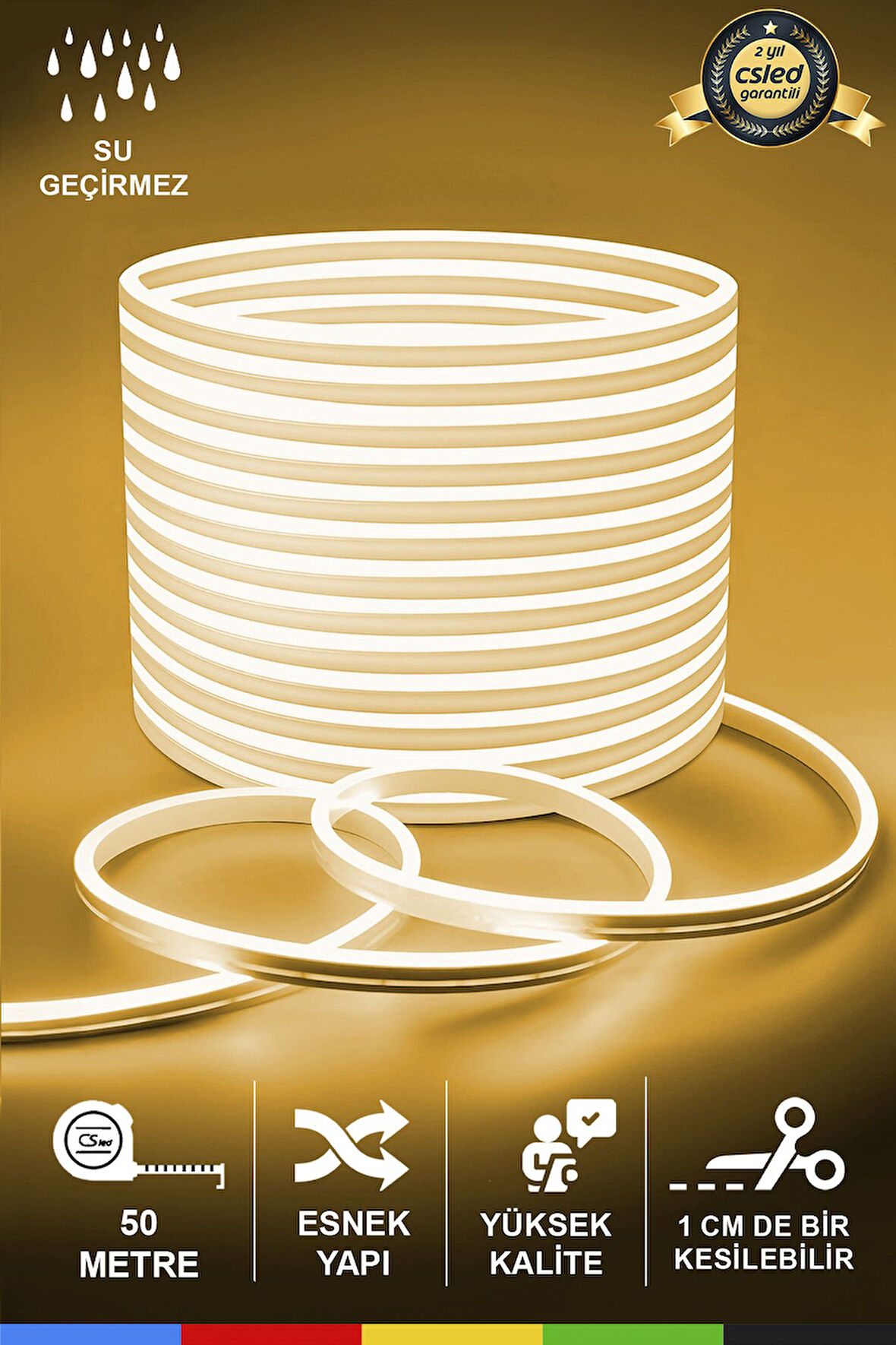 12V İç ve Dış Mekan Gün Işığı Neon LED Şerit – 50 Metre Esnek Silikon Neon  (1 cm’de Bir Kesilebilir)
