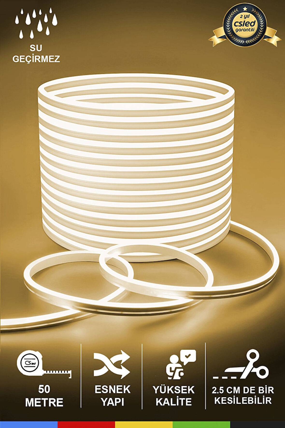 12V İç ve Dış Mekan Gün Işığı Neon LED Şerit – 50 Metre Esnek Silikon Neon  (2.5 Cm’de Bir Kesilebilir)