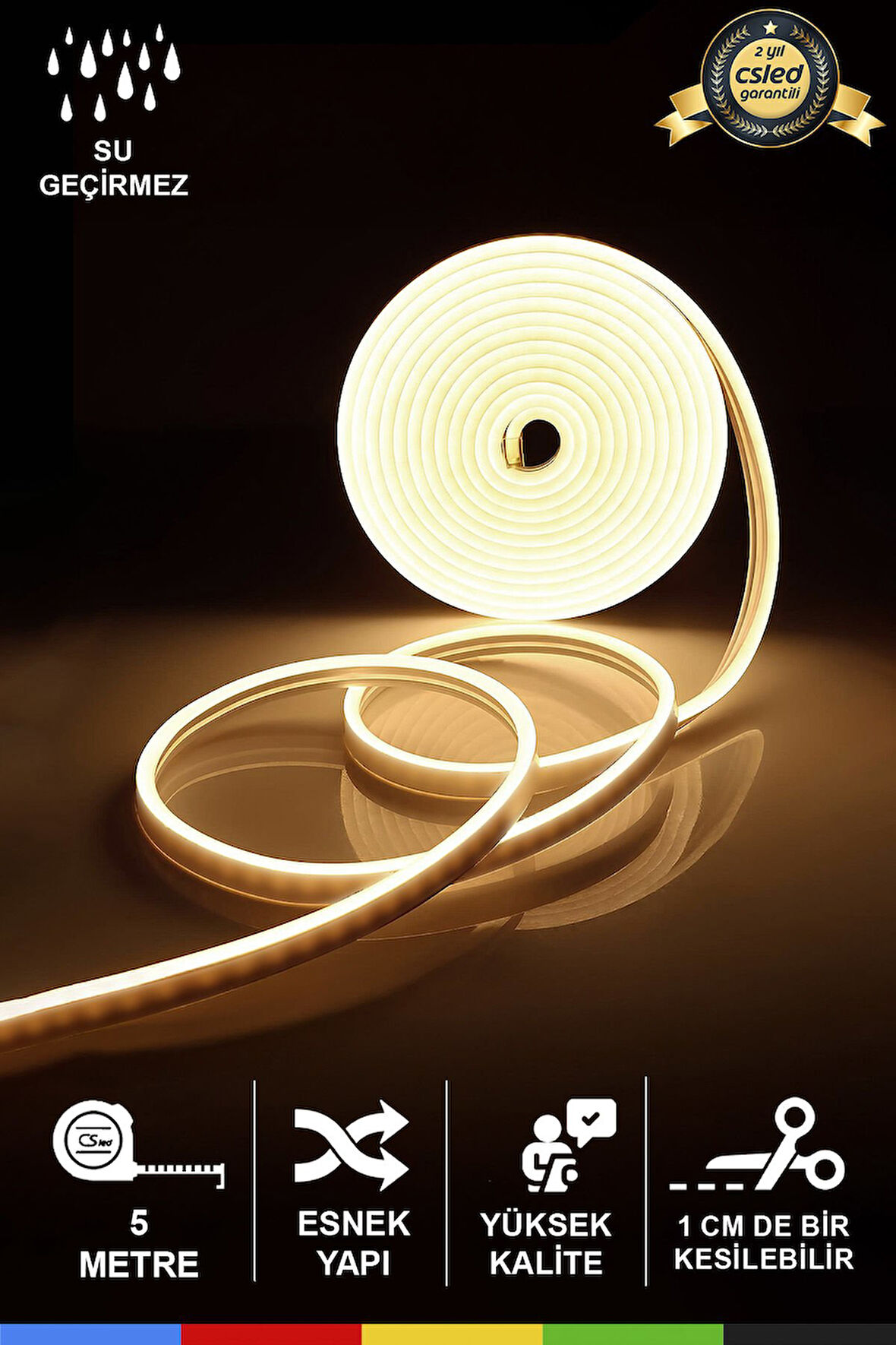 12V İç ve Dış Mekan Gün Işığı Neon LED Şerit – 5 Metre Esnek Silikon Neon  (1 cm’de Bir Kesilebilir)