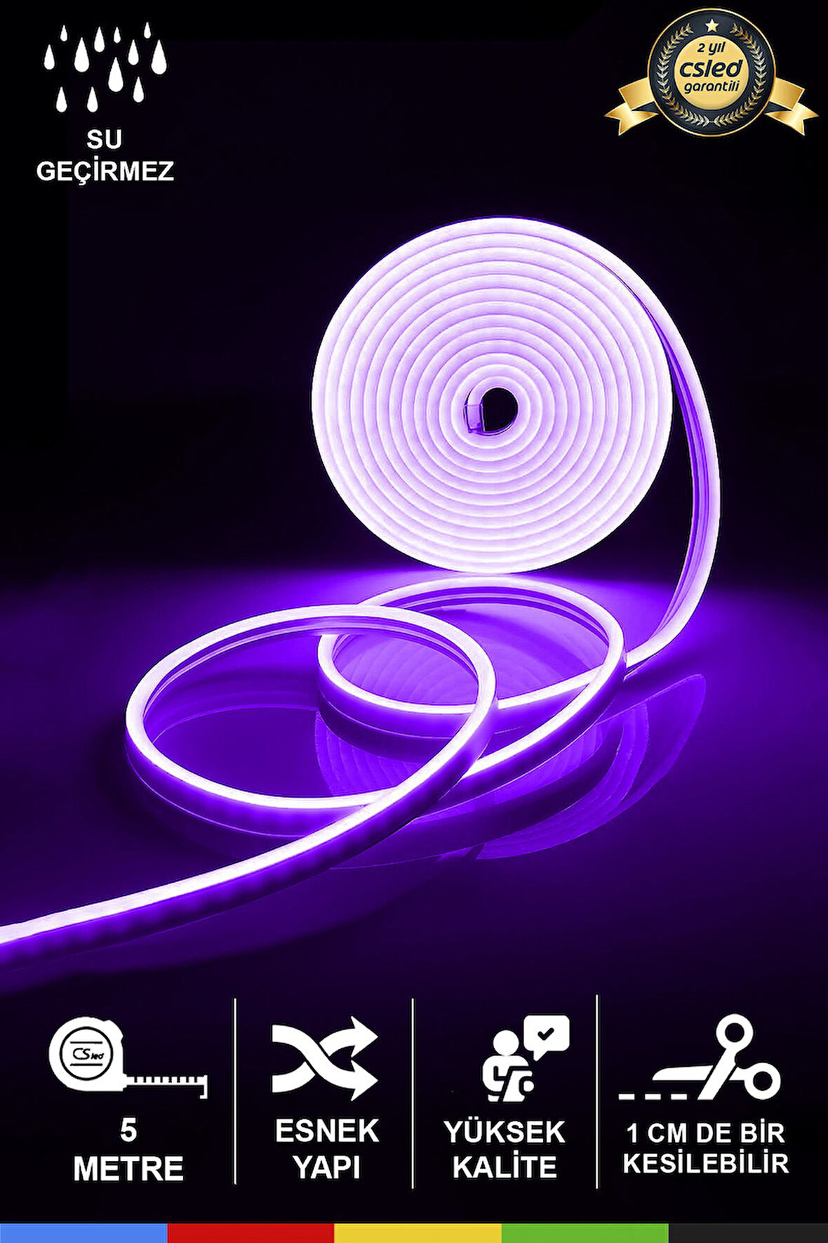 12V İç ve Dış Mekan Mor Neon LED Şerit – 5 Metre Esnek Silikon Neon  (1 cm’de Bir Kesilebilir)