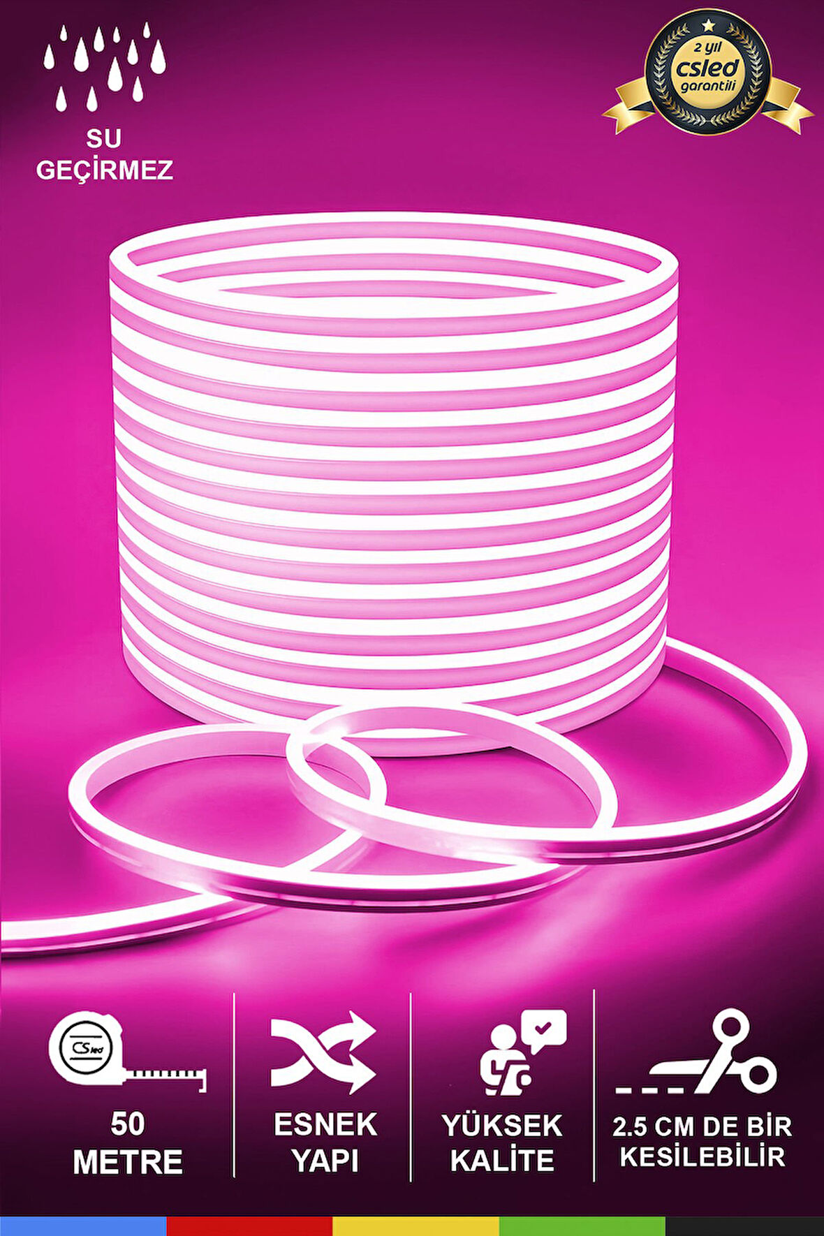 12V İç ve Dış Mekan Pembe Neon LED Şerit – 50 Metre Esnek Silikon Neon  (2.5 Cm’de Bir Kesilebilir)