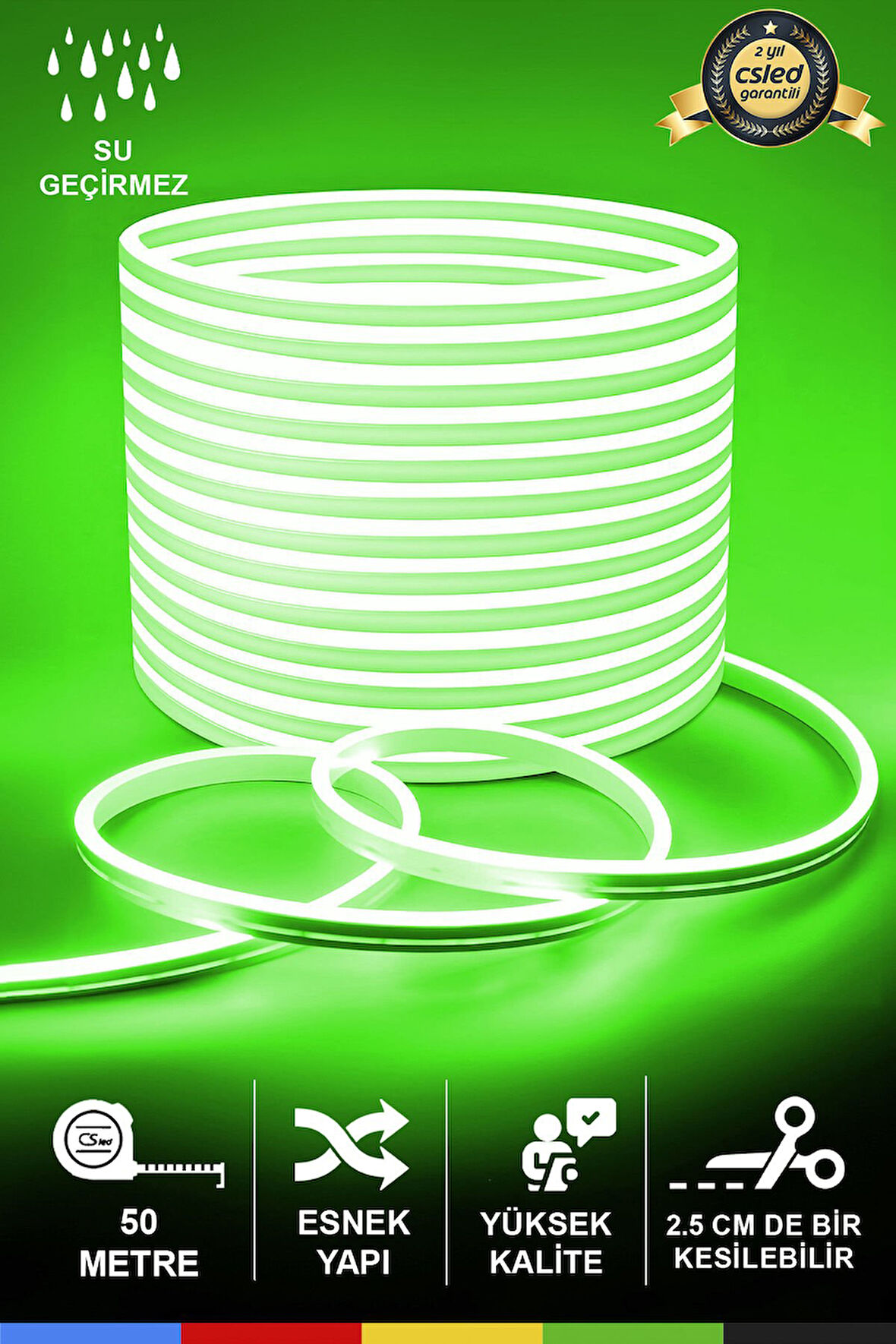 12V İç ve Dış Mekan Yeşil Neon LED Şerit – 50 Metre Esnek Silikon Neon  (2.5 Cm’de Bir Kesilebilir)