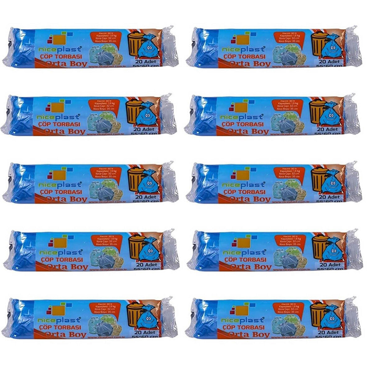 Niceplast Mavi Orta Boy 55x60 Cm. 30 Litre Çöp Torbası Poşeti - 20 Adetlik 10 Rulo