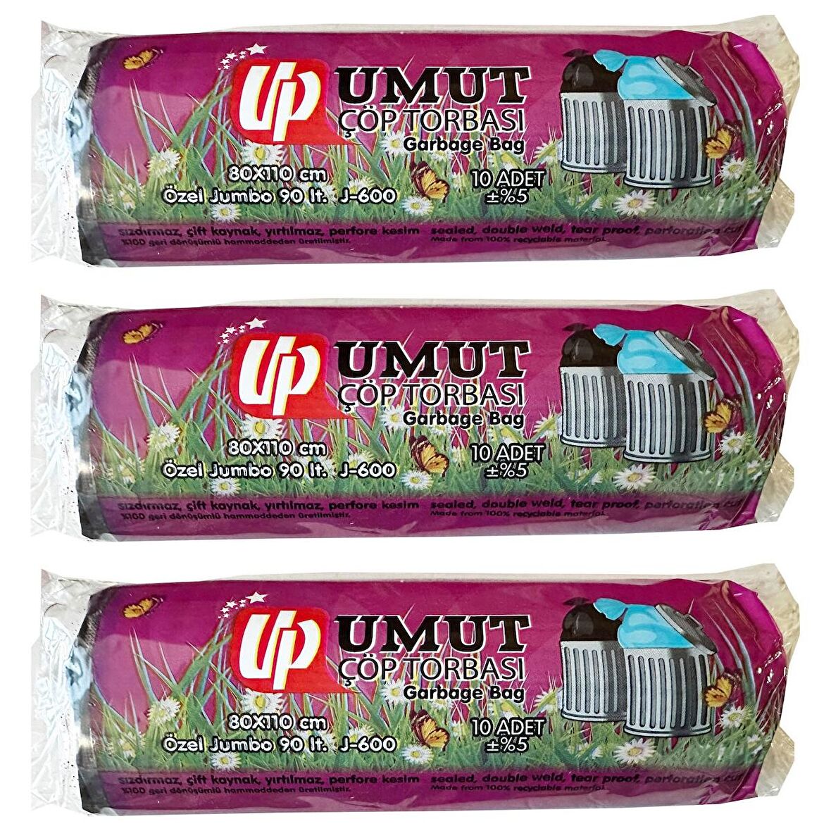 Umut Endüstriyel Jumbo Çöp Torbası Poşeti - 2 Kat - Siyah - 600 Gr. - 80x110 Cm. -10 Adetlik 3 Rulo