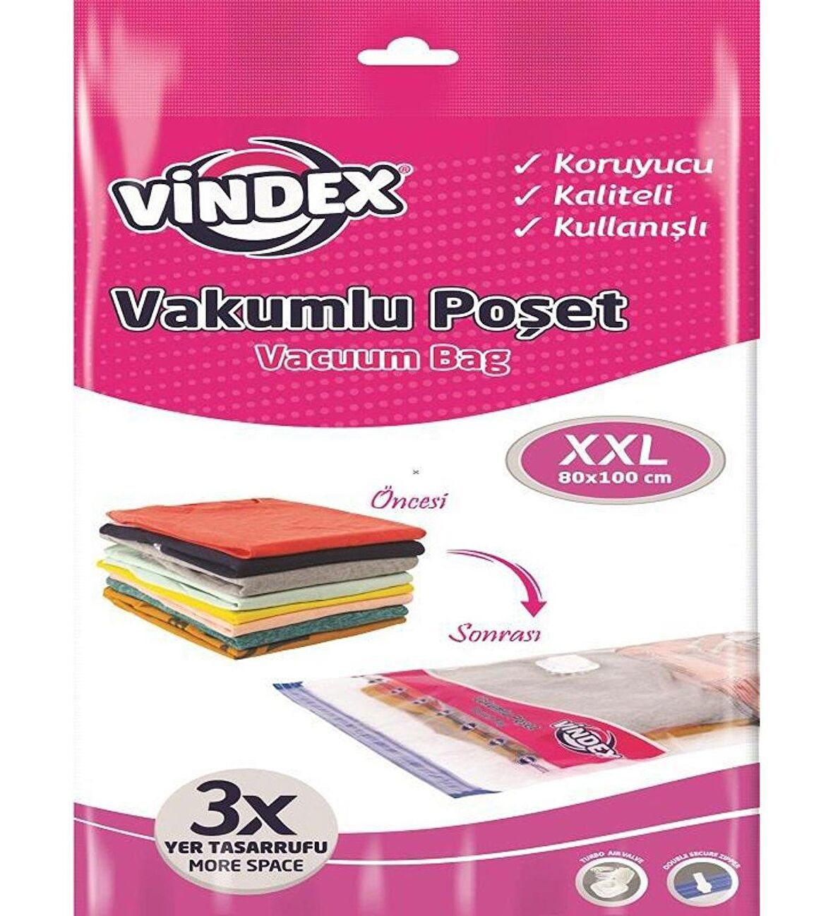 Vindex Vakumlu Giyisi Yastık Yorgan Saklama Torbası Poşeti Hurç - XX Large - 80x90 Cm. - 5 Paket