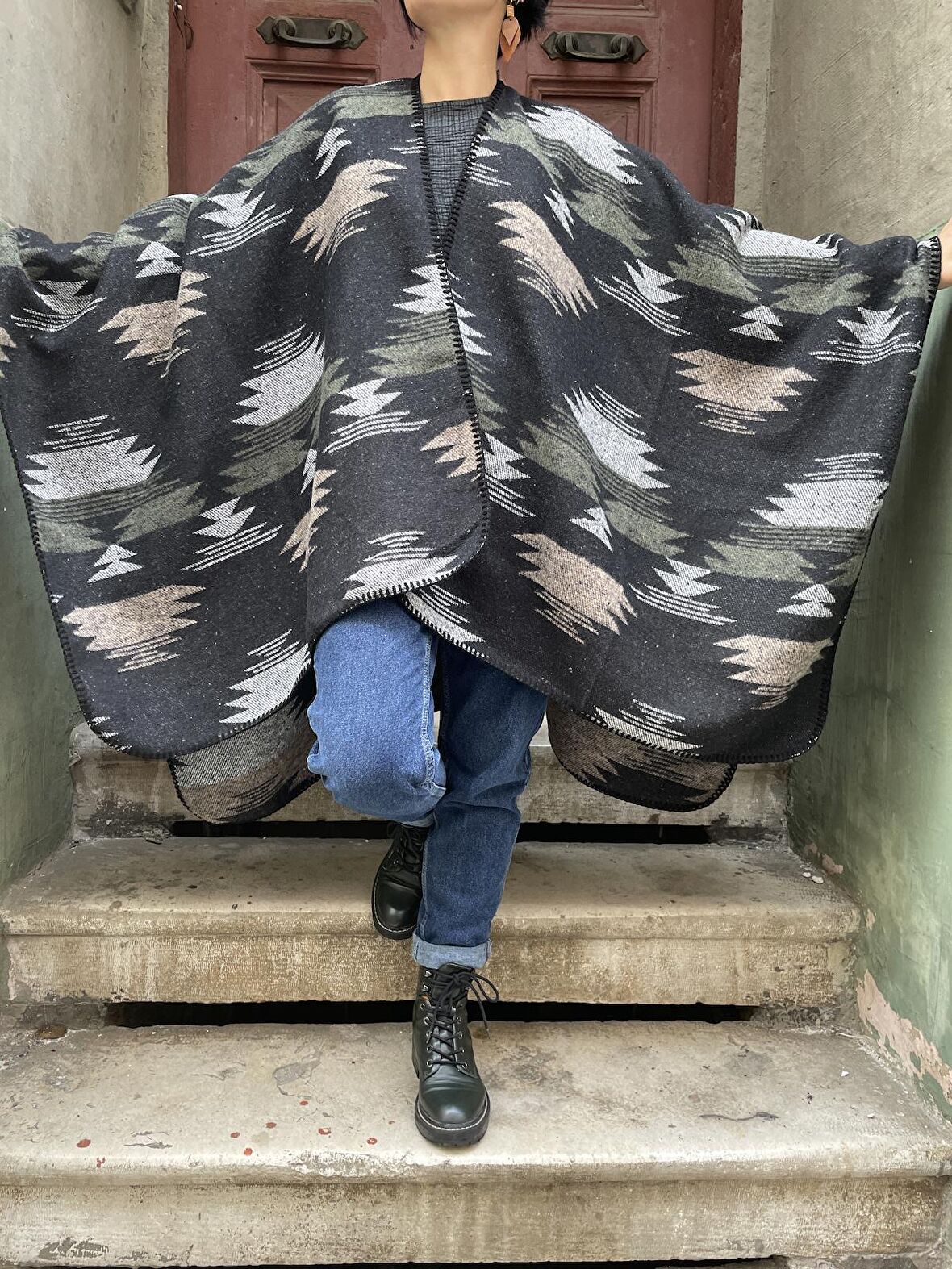 Bohem Çift Taraflı Kışlık Panço, Şal, İki Taraflı Panço, Atkı