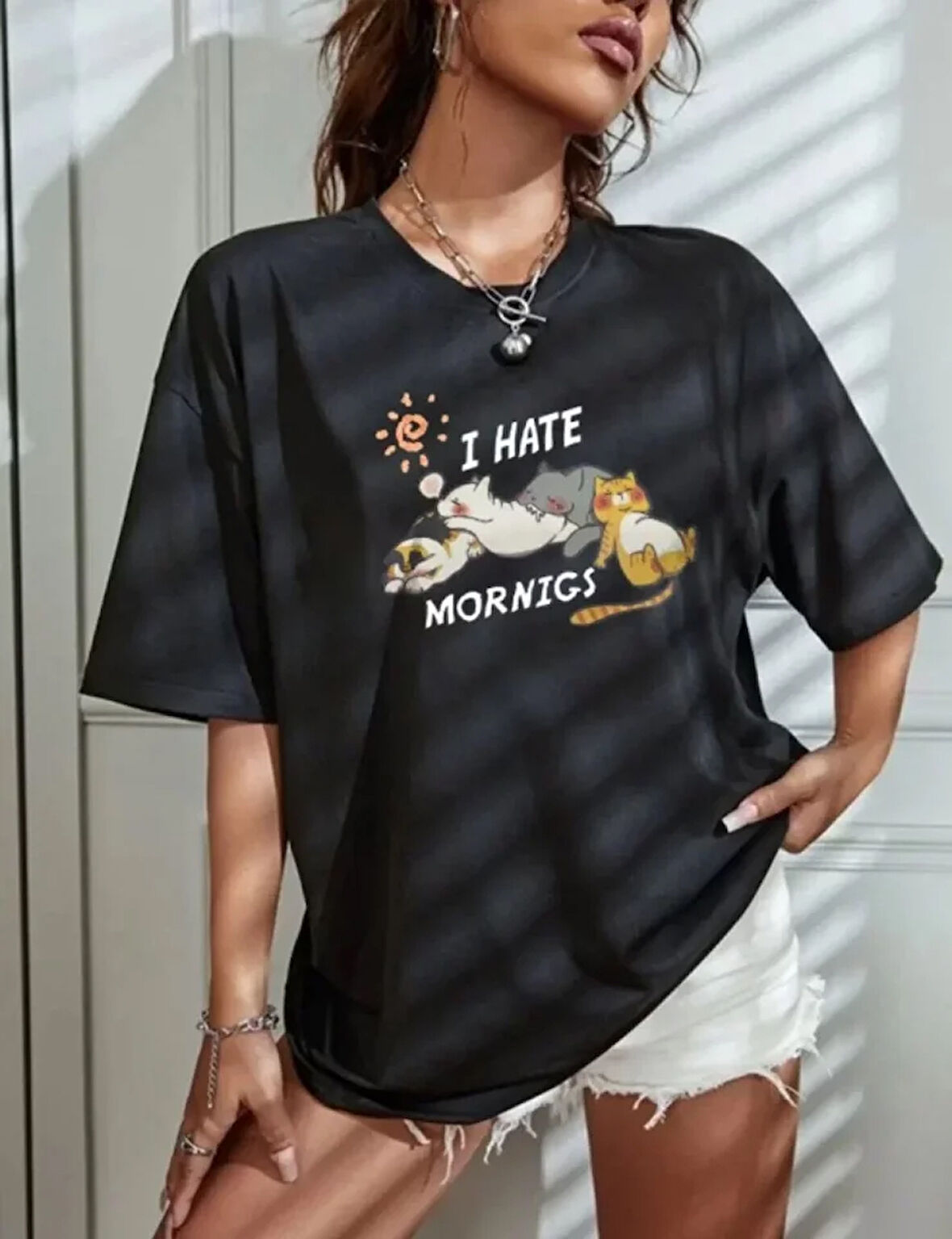 civetta Bisiklet Yaka Baskılı Oversize T-Shirt - Siyah
