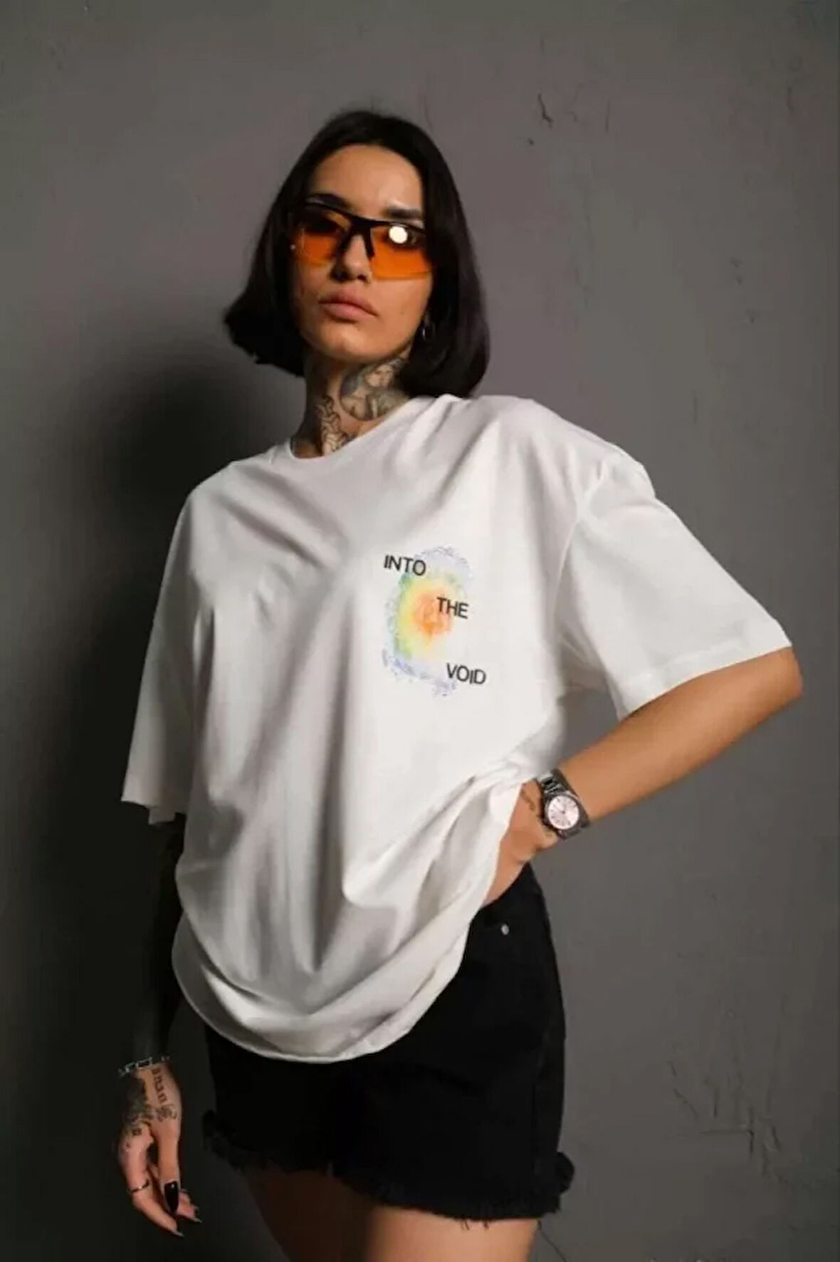 civetta Unisex Bisiklet Yaka Baskılı Oversize T-Shirt - Beyaz