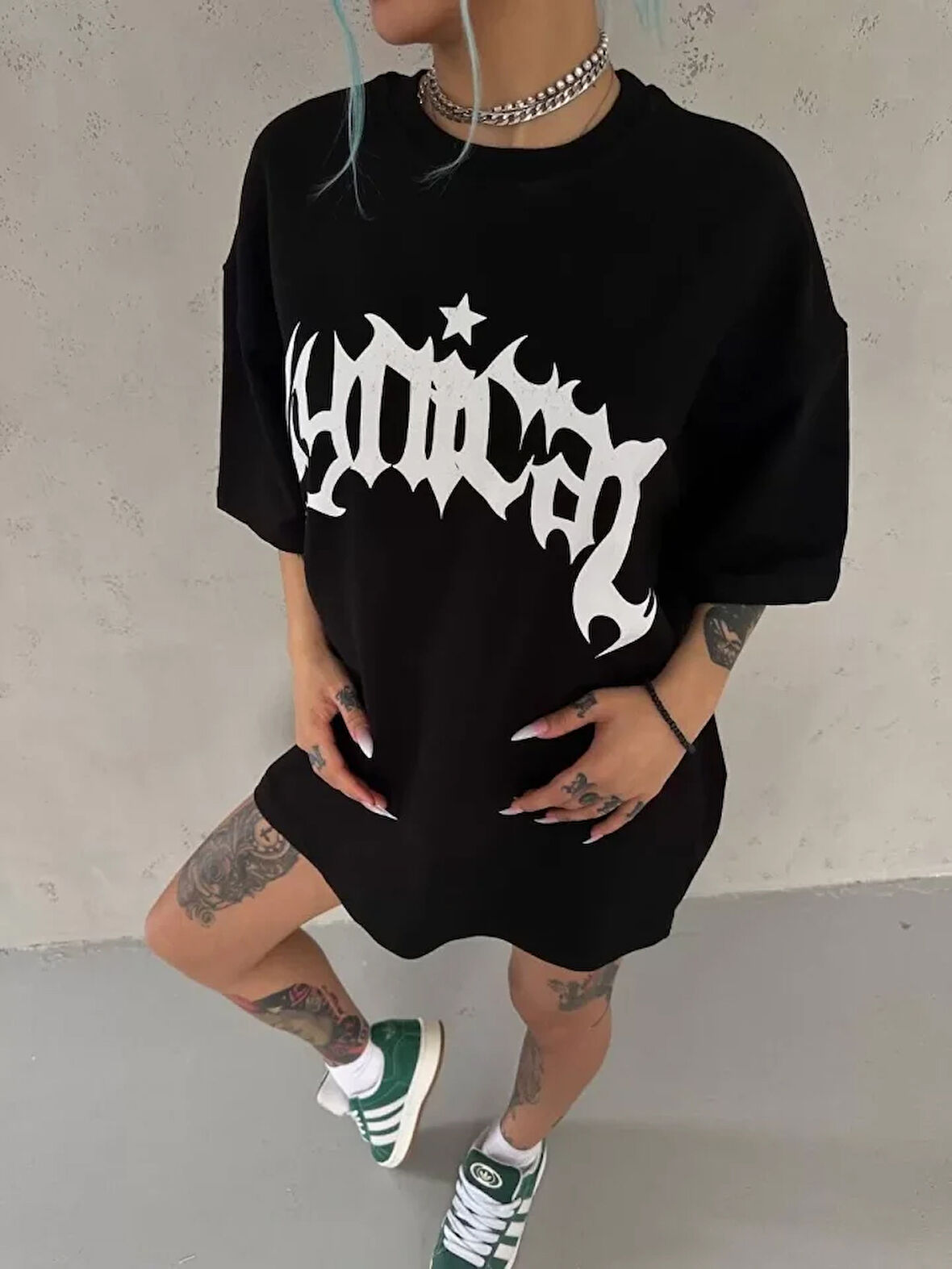 civetta Unisex Bisiklet Yaka Baskılı Oversize T-Shirt - Siyah