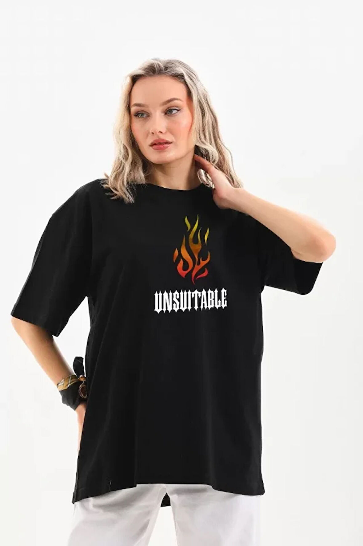 civetta Unisex Bisiklet Yaka Baskılı Oversize T-Shirt - Siyah