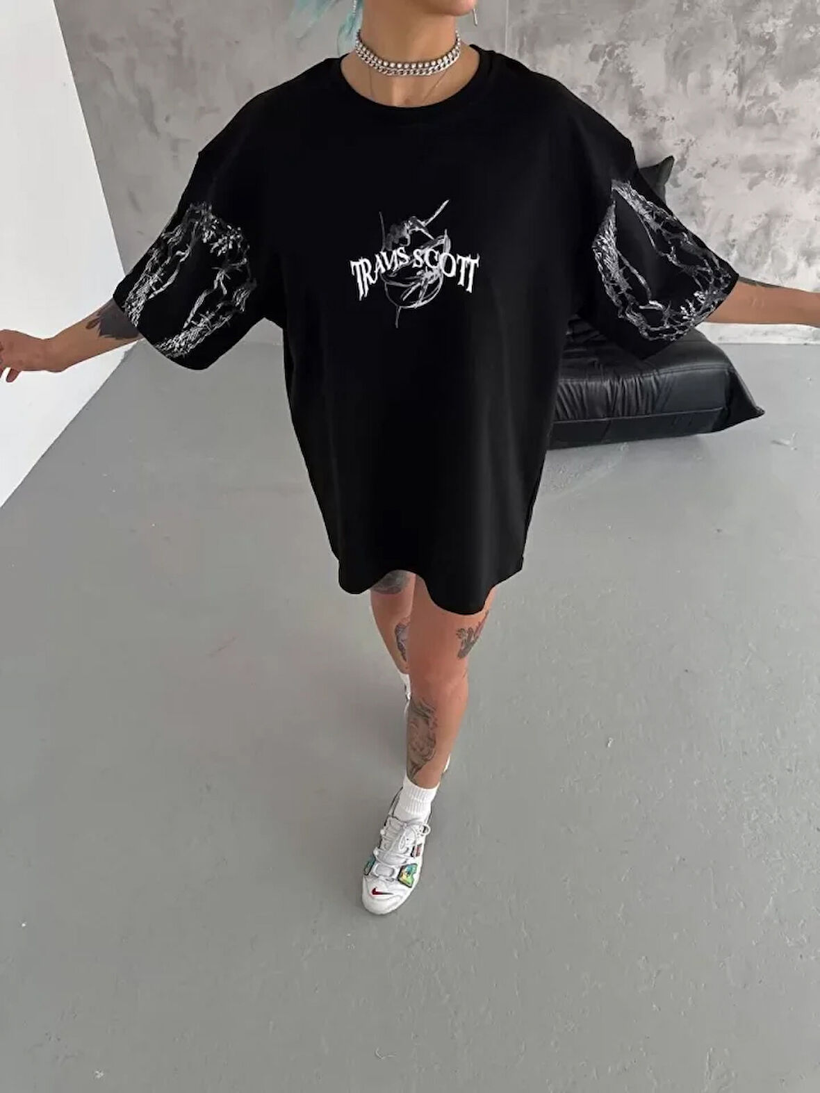 civetta Unisex Bisiklet Yaka Baskılı Oversize T-Shirt - Siyah