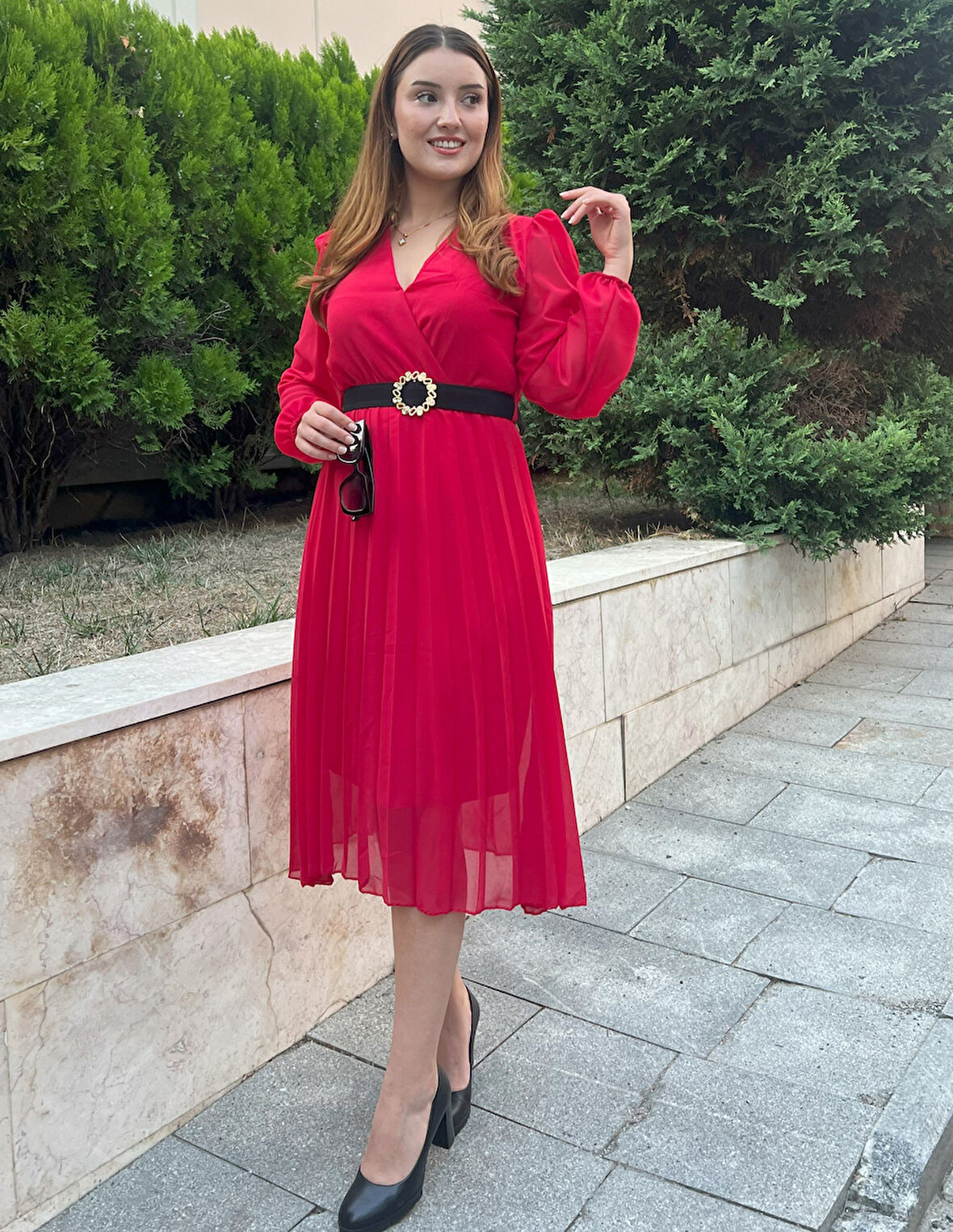 civetta Kadın şifon Kumaş Astalı Kloş Kesim Kruvaze Yaka Midi Boy Elbise