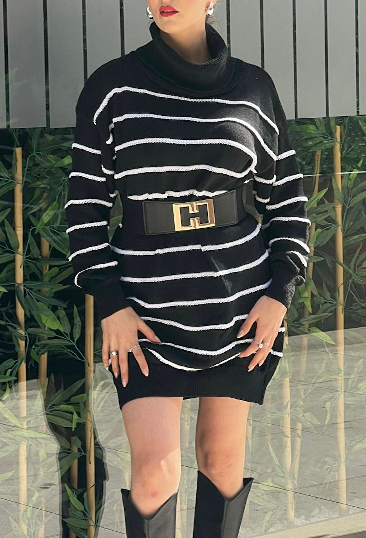 civetta Kadın Uzun Kollu Degaje Yaka çizgili Sonya Iplik Mini Boy Triko Elbise (kemersiz)